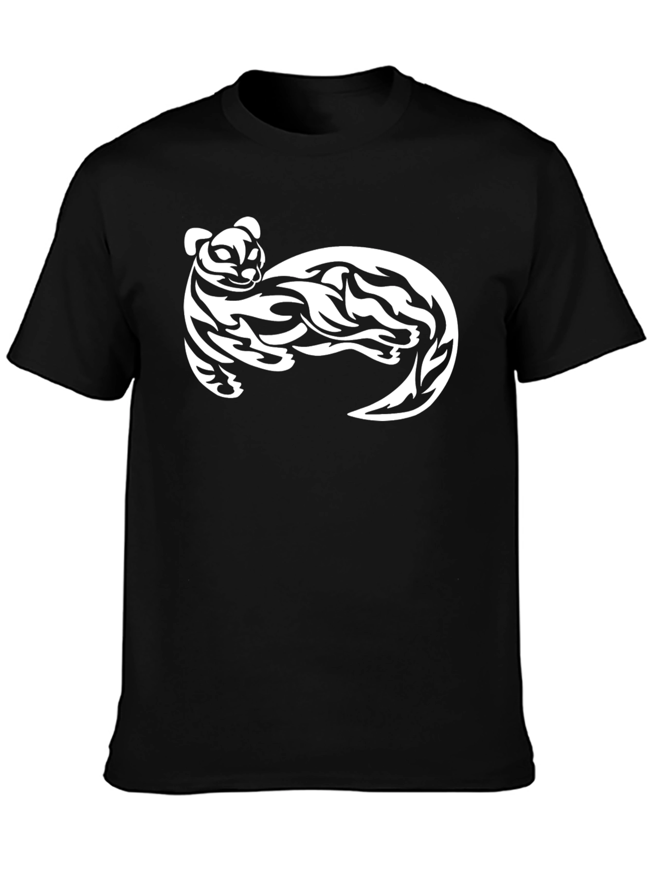 Black T-Shirt with White Tribal Cat Graphic