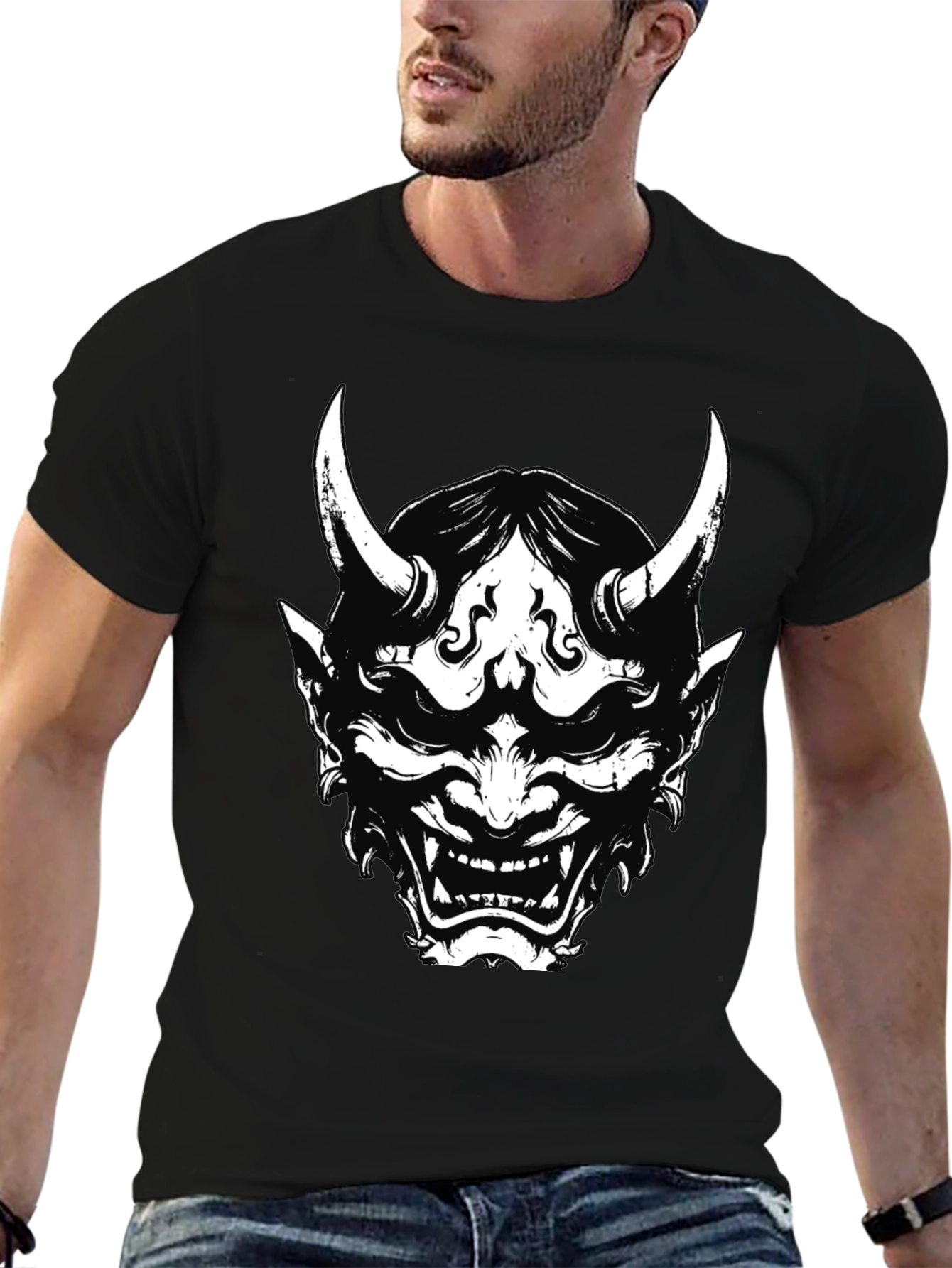 Mens Black Oni Mask Graphic Tee