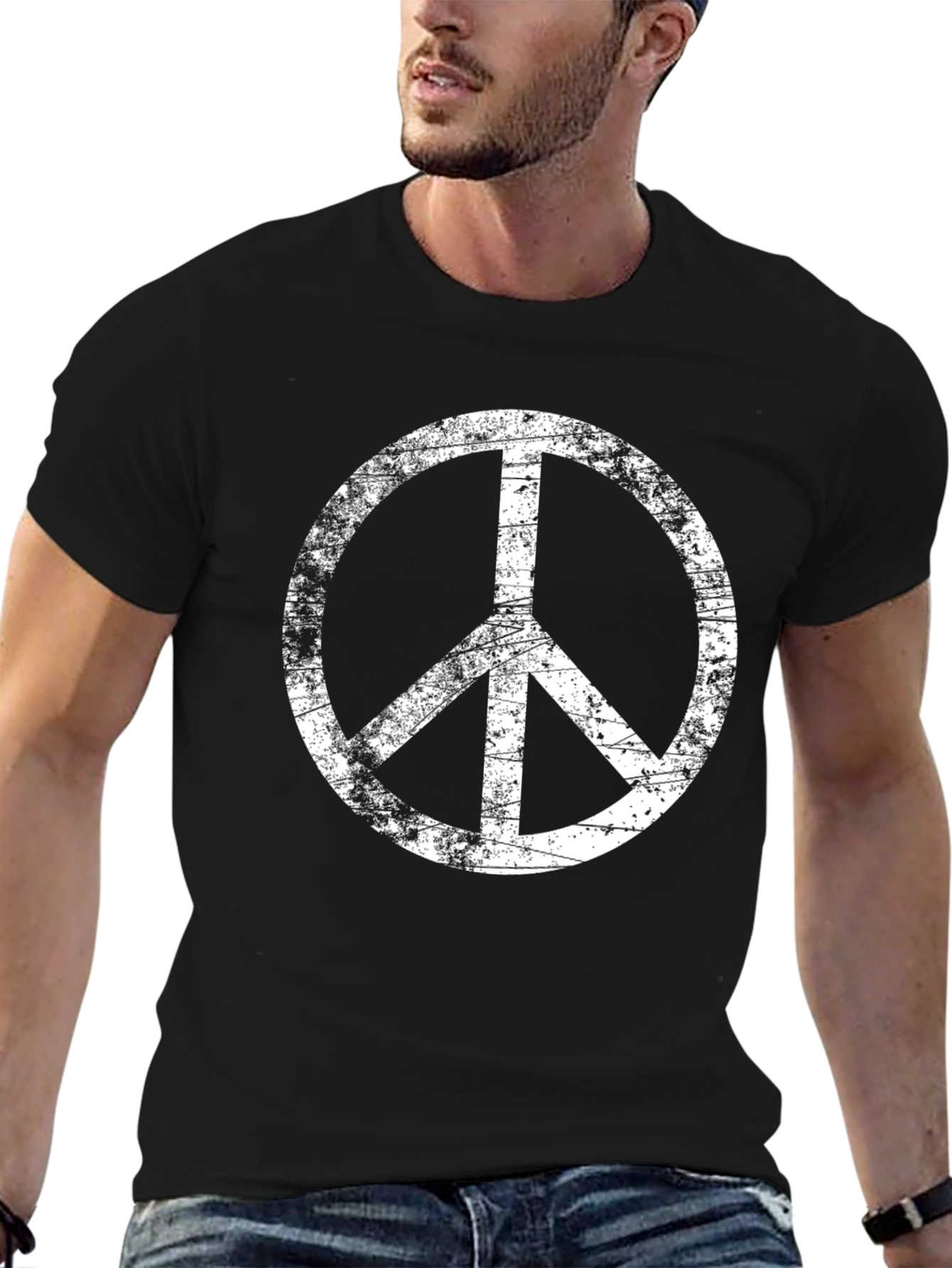 Peace Sign Distressed Black T-Shirt