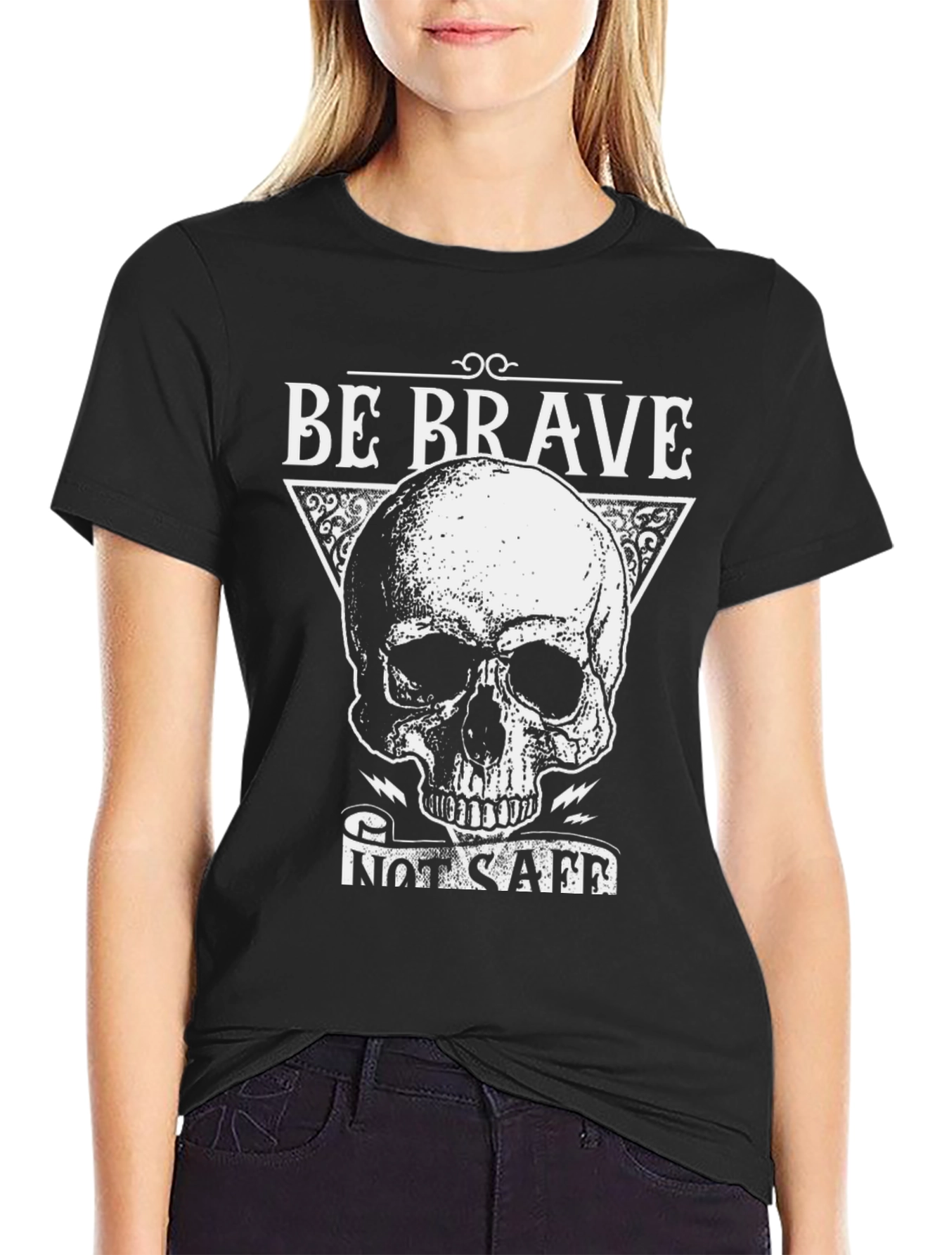 Be Brave T-Shirt with Skull Graphic - Black