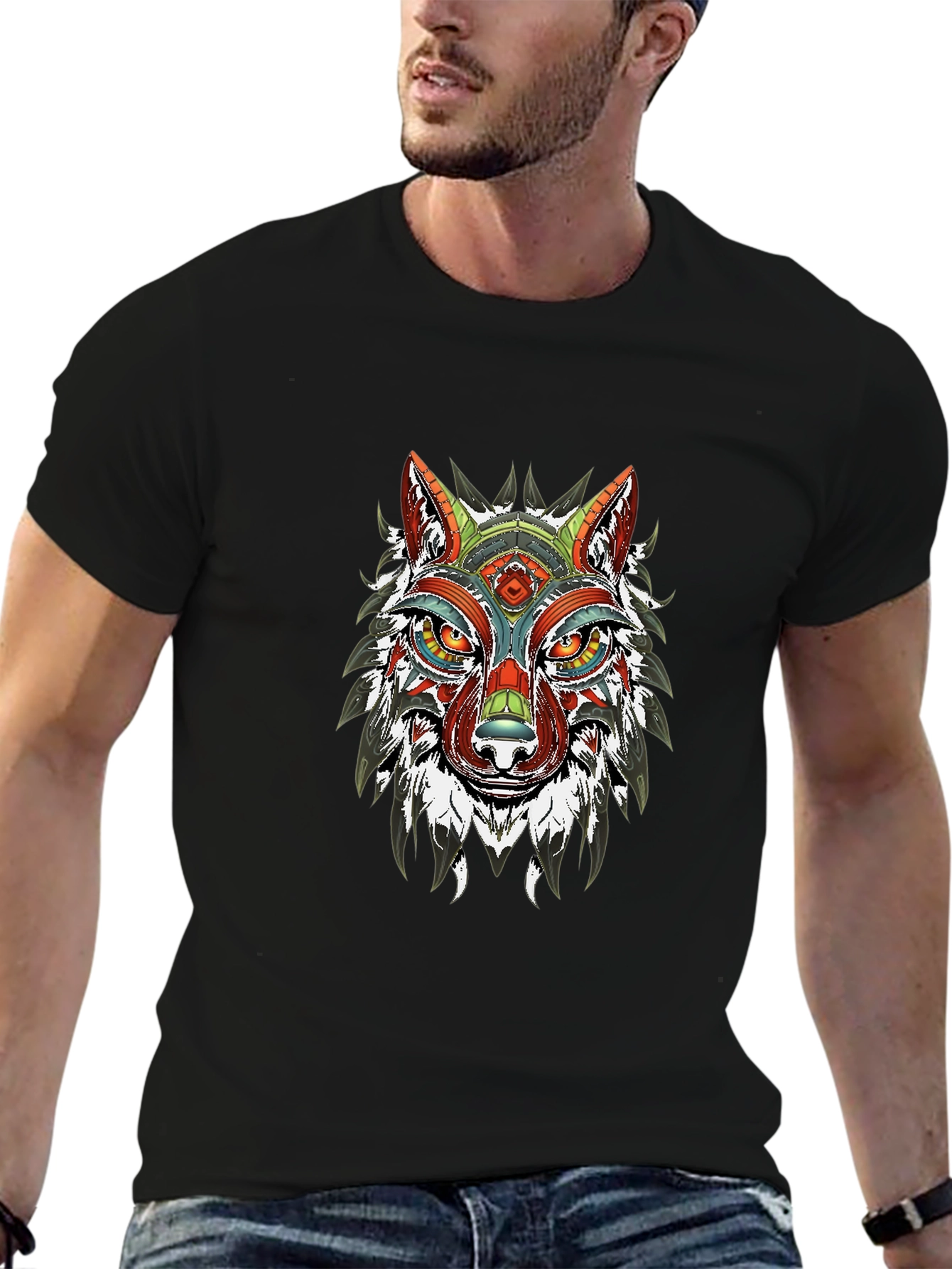 Aztec Wolf Graphic Black T-Shirt