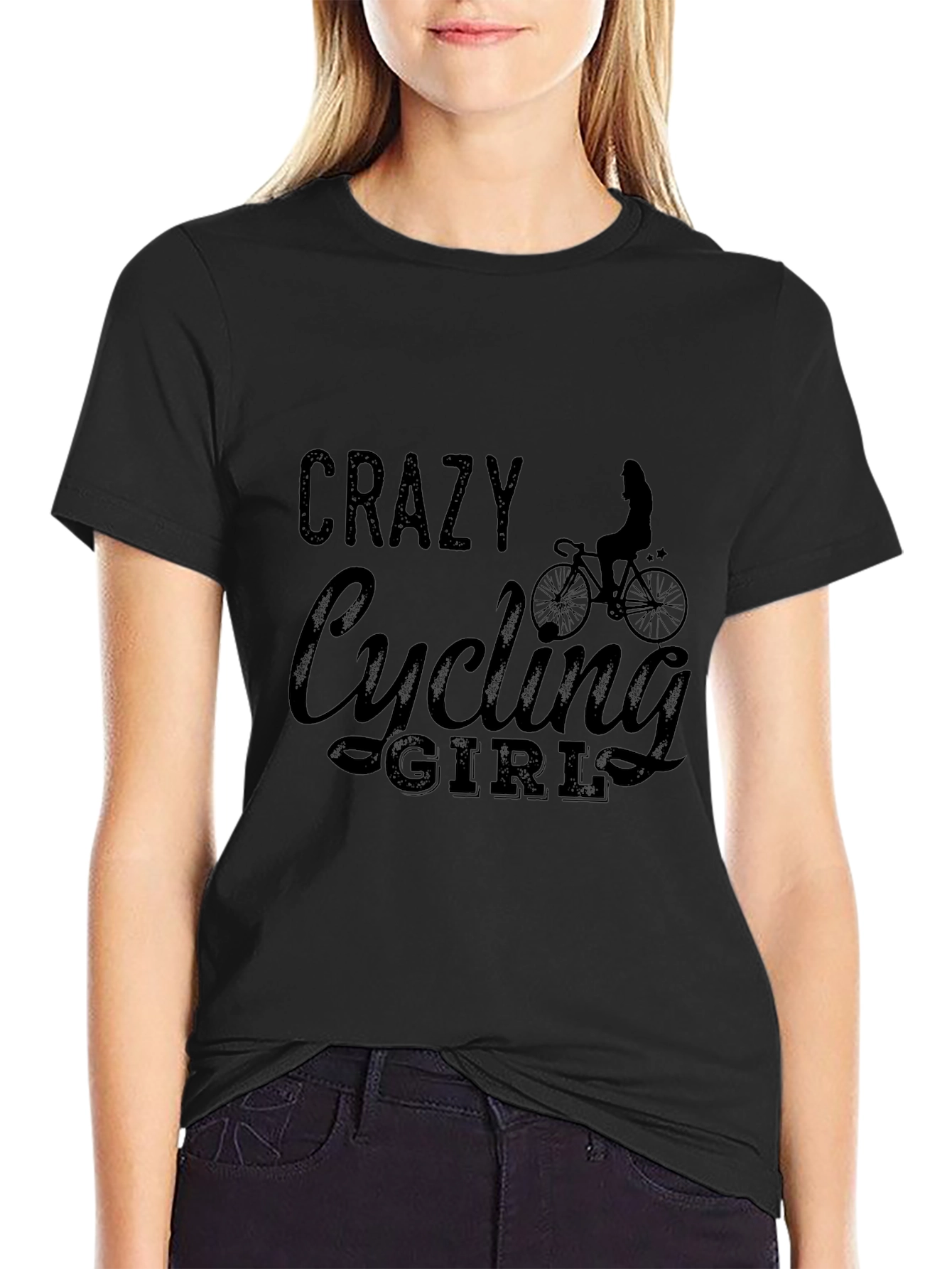 Crazy Cycling Girl Black T-Shirt