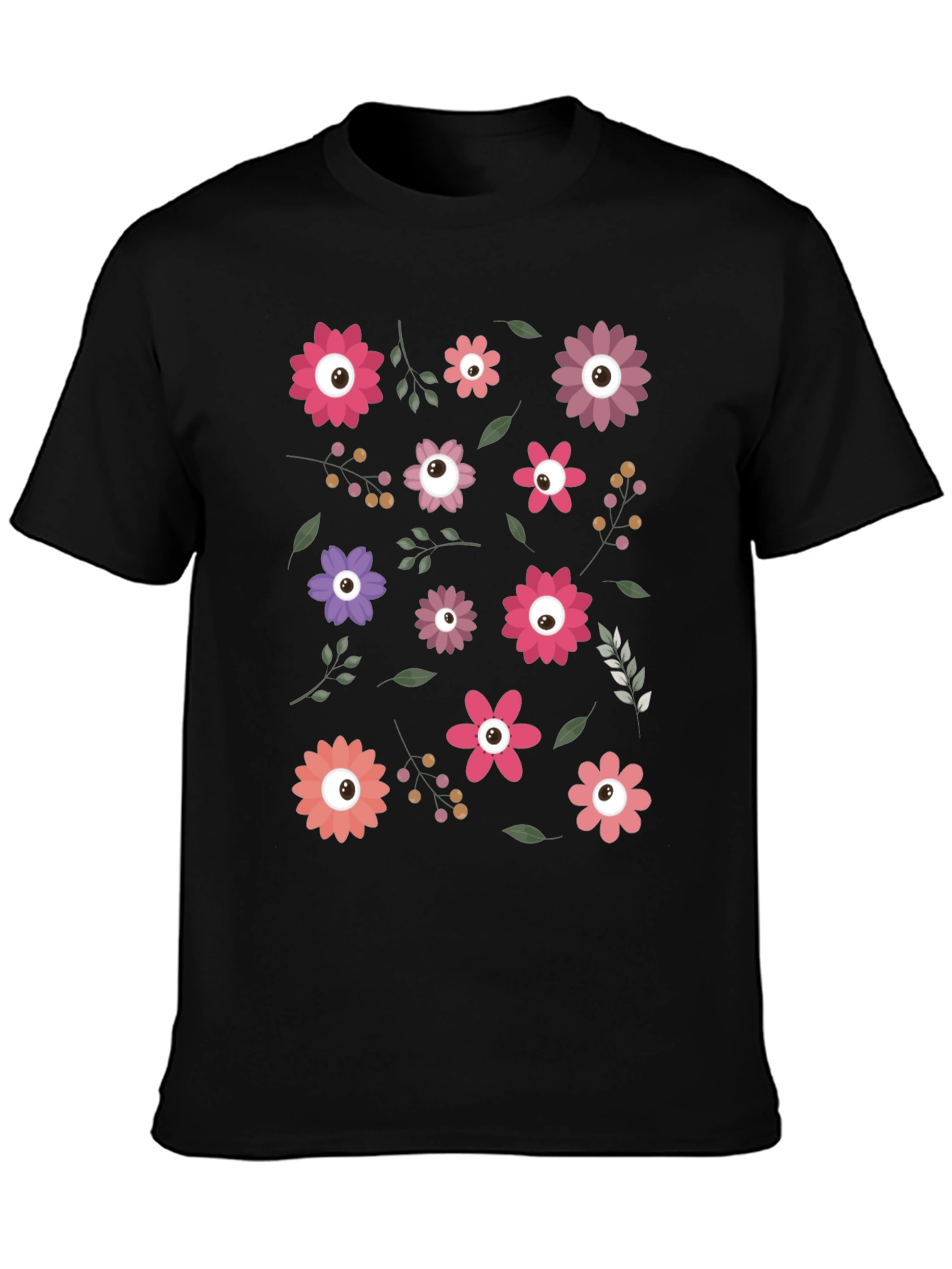 Floral Eye Pattern Black T-Shirt