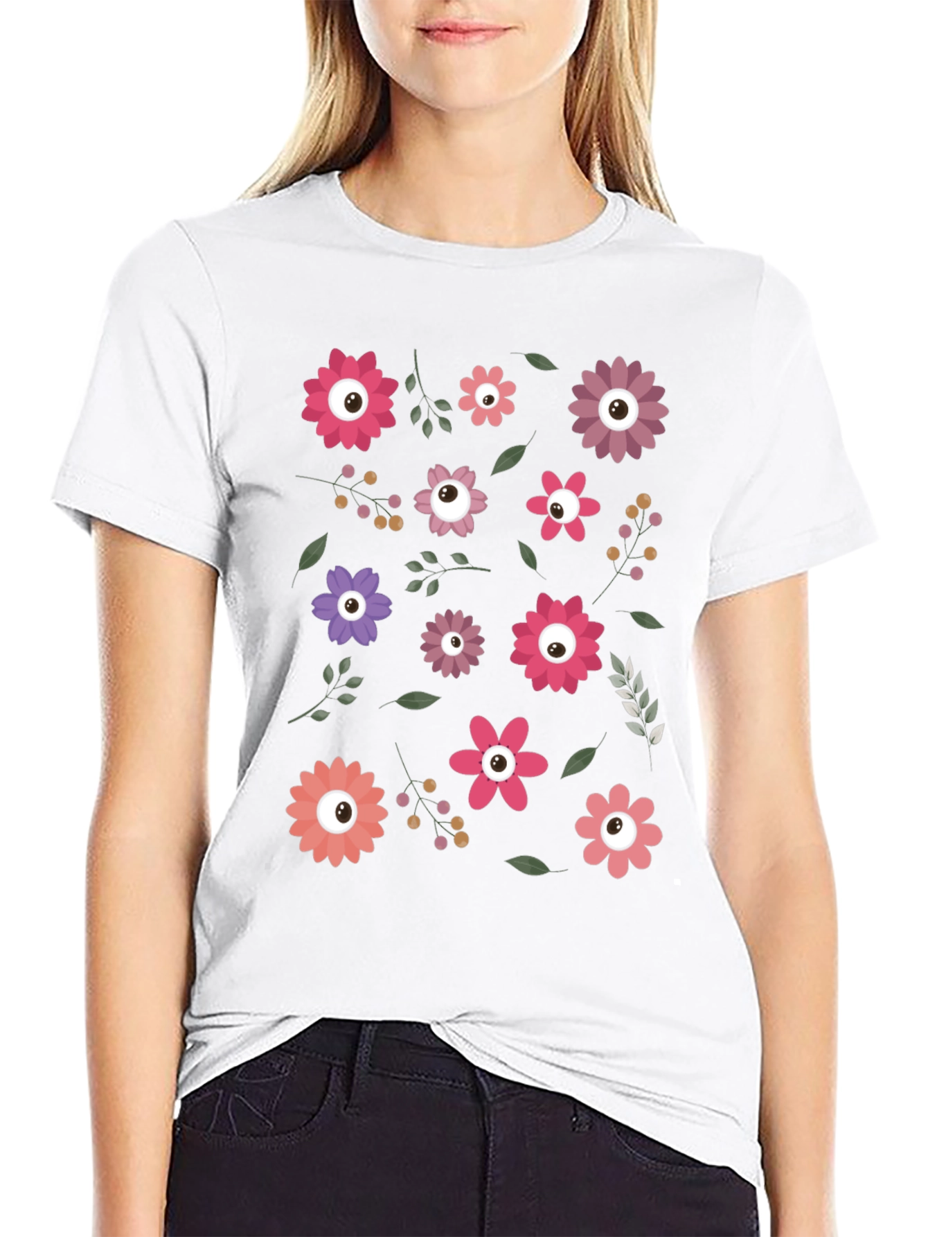 Floral Eye Pattern Black T-Shirt