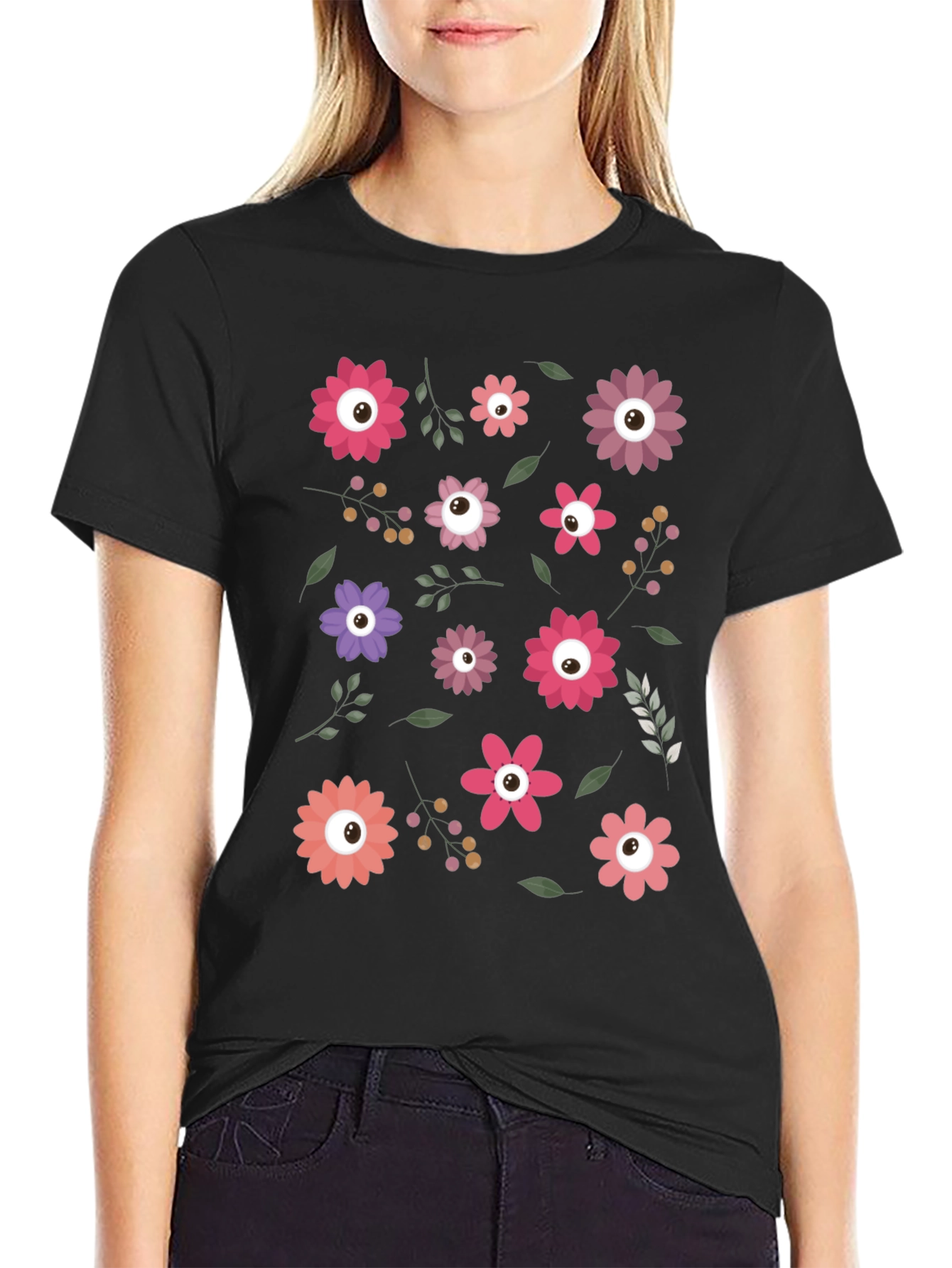 Floral Eye Pattern Black T-Shirt