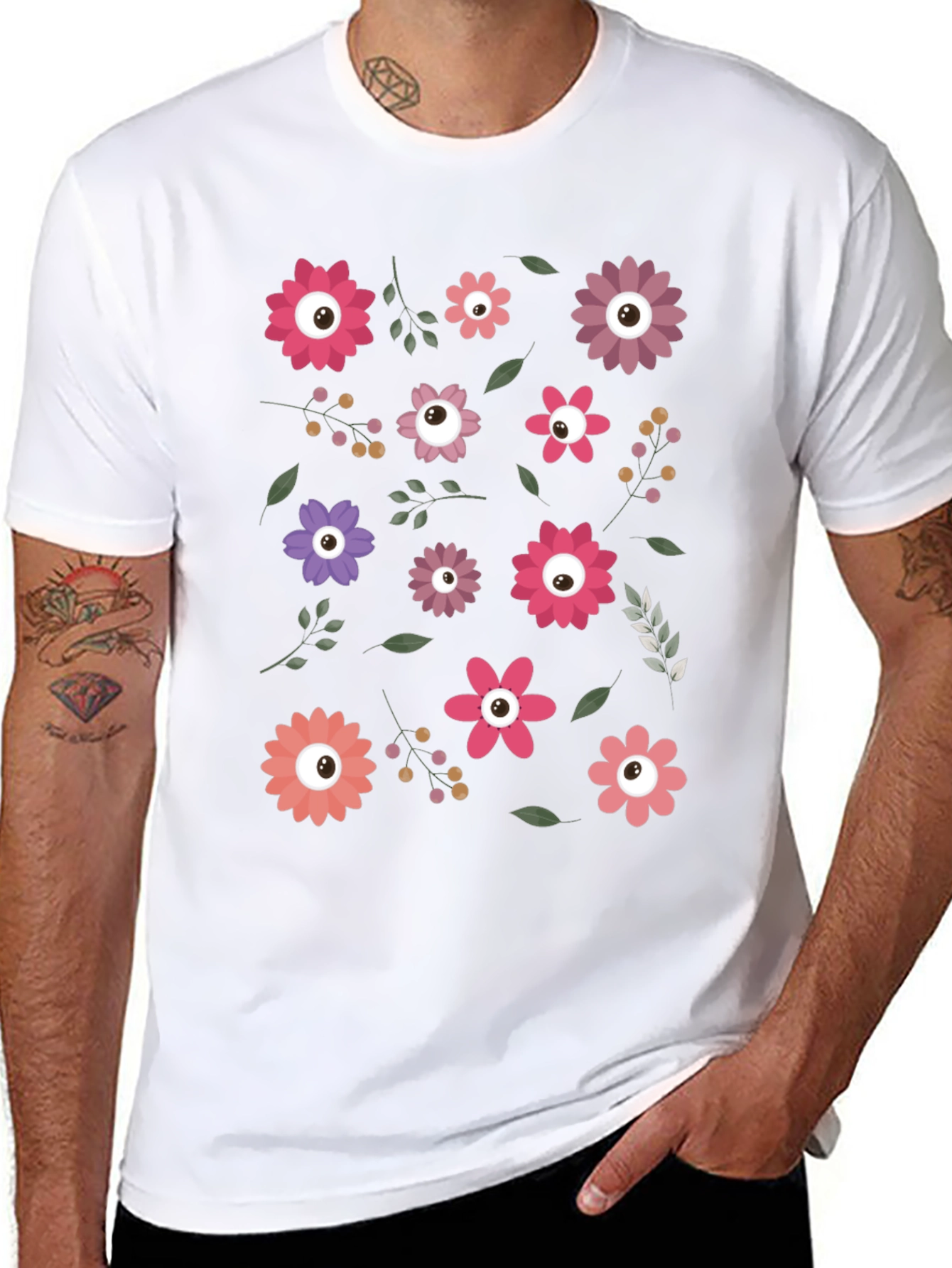 Floral Eye Pattern Black T-Shirt