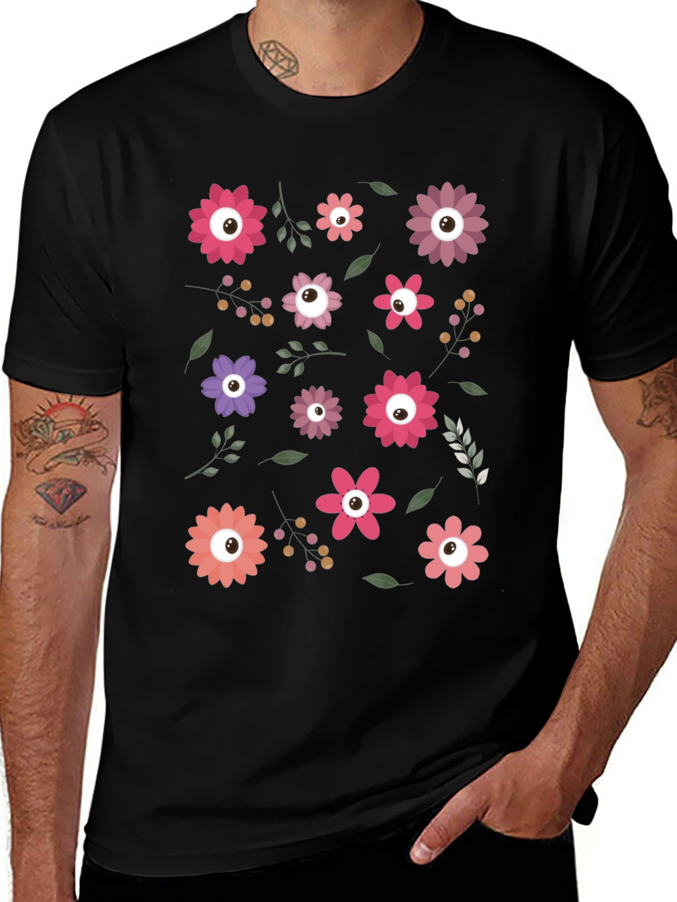 Floral Eye Pattern Black T-Shirt