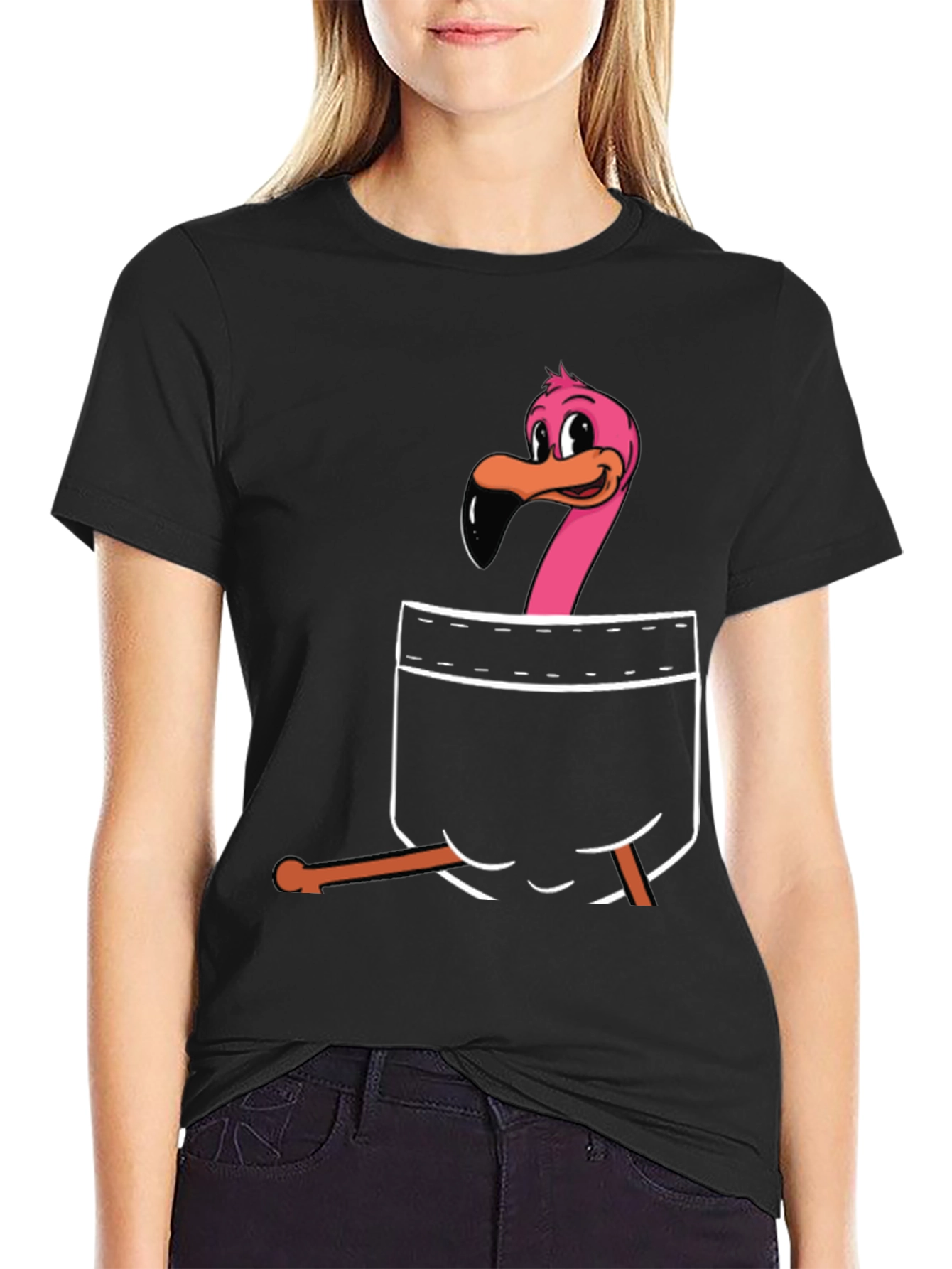 Flamingo Pocket Graphic T-Shirt - Black
