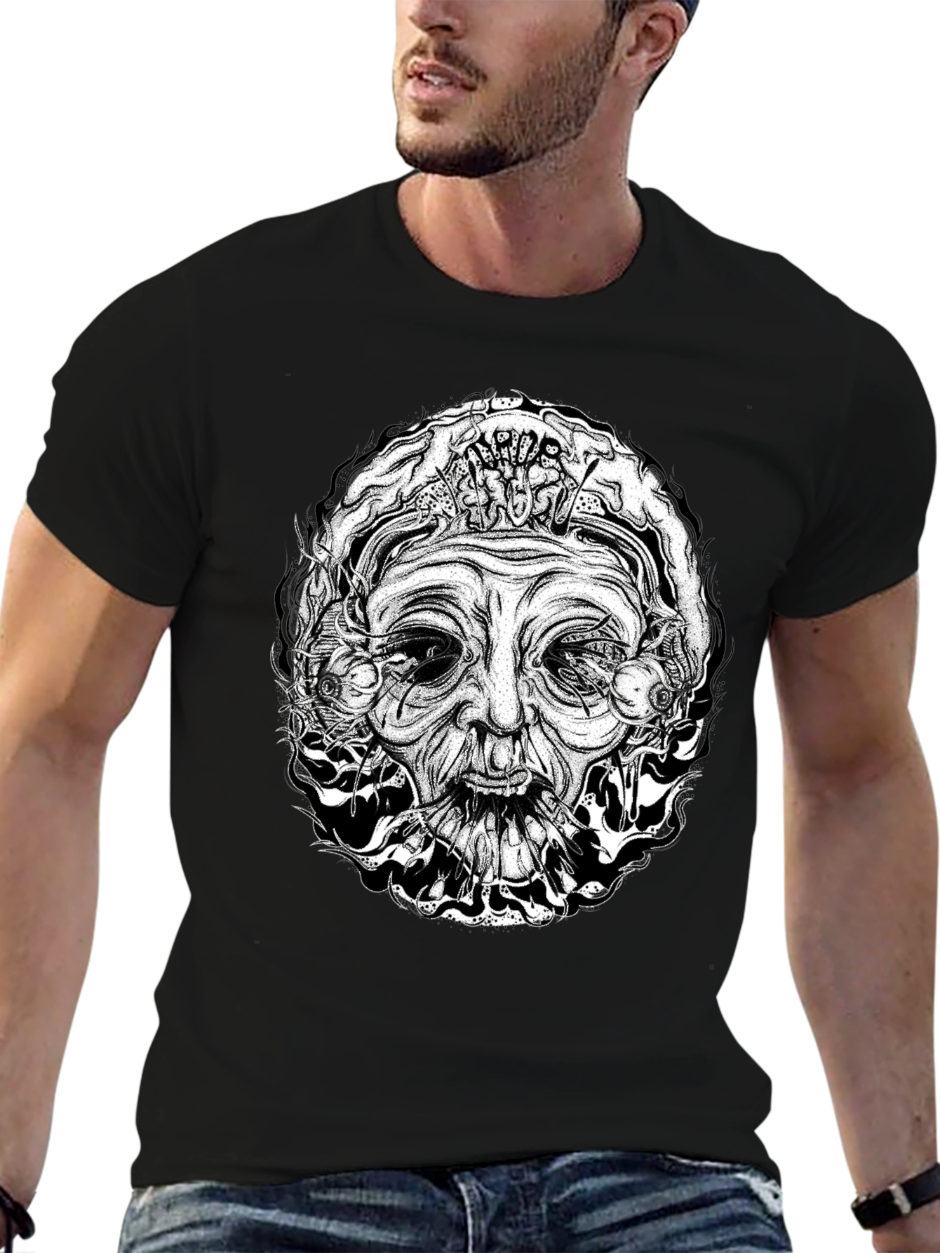 Mystic Face Graphic T-Shirt - Black Cotton Tee
