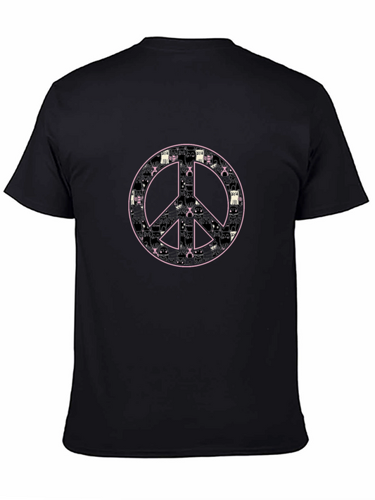 Peace Sign Cat Pattern Black T-Shirt