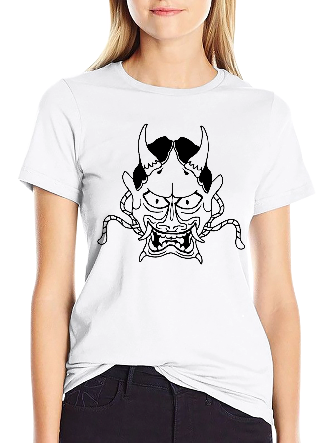 Mens Black T-Shirt with Oni Mask Design