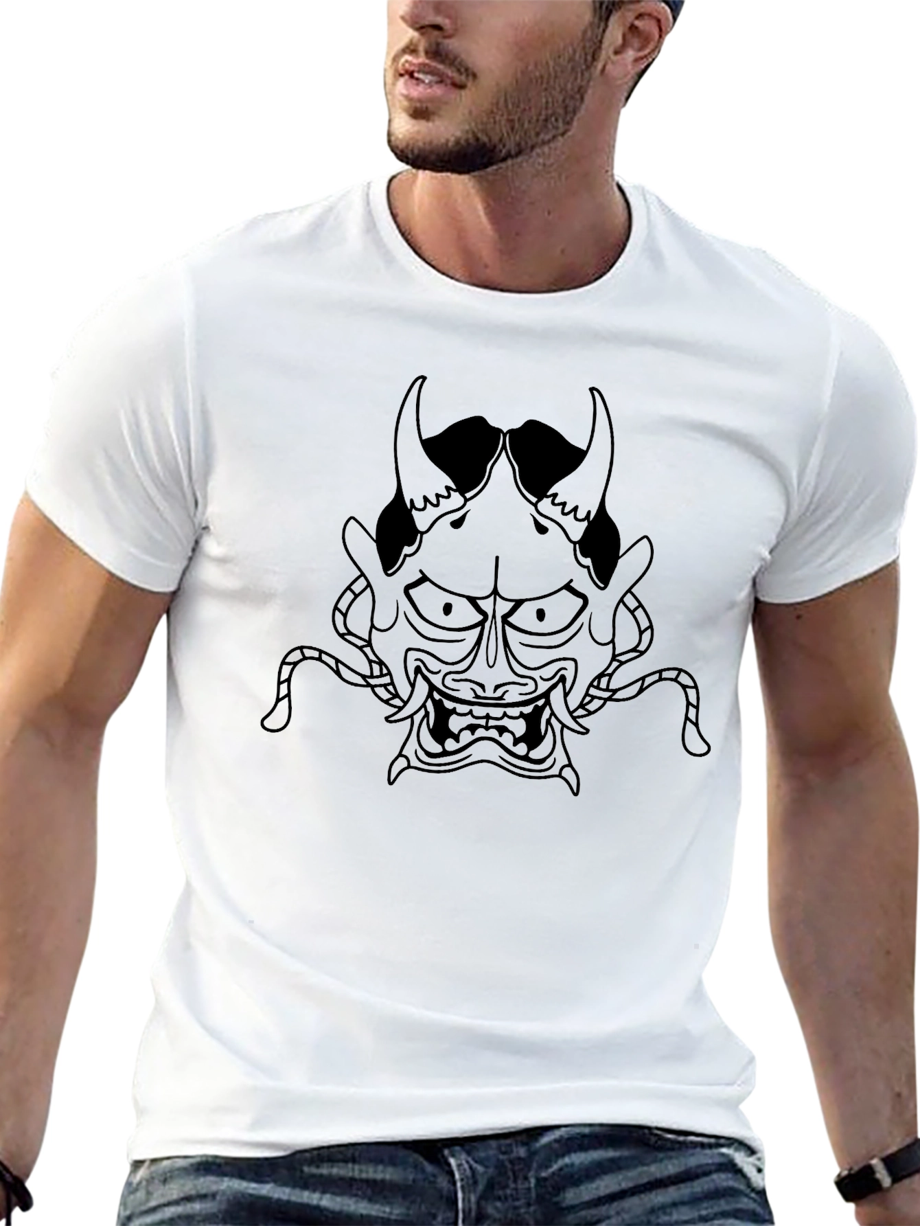 Mens Black T-Shirt with Oni Mask Design