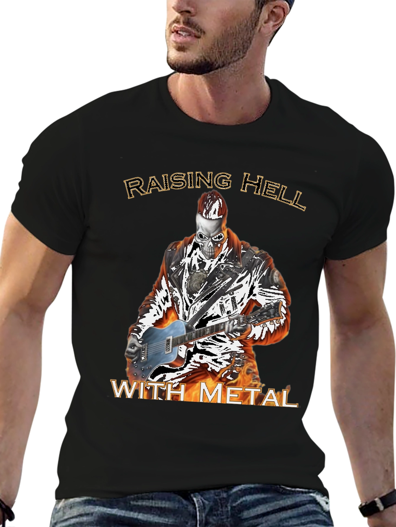 Raising Hell With Metal T-Shirt - Skull Guitarist
