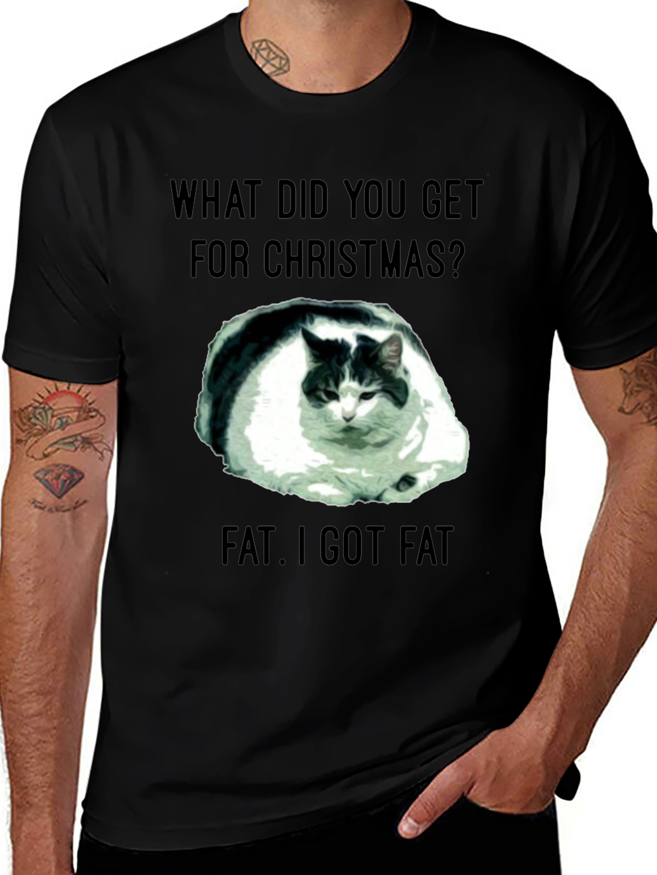 Funny Christmas Fat Cat Black T-Shirt