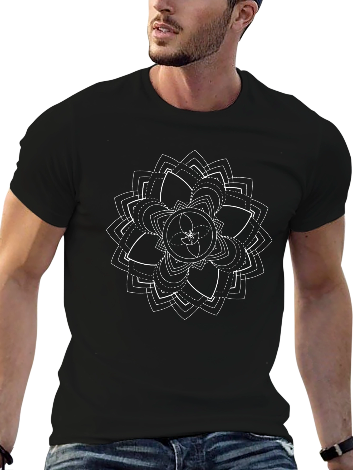 Geometric Mandala Graphic Tee - Black Cotton Casual Shirt