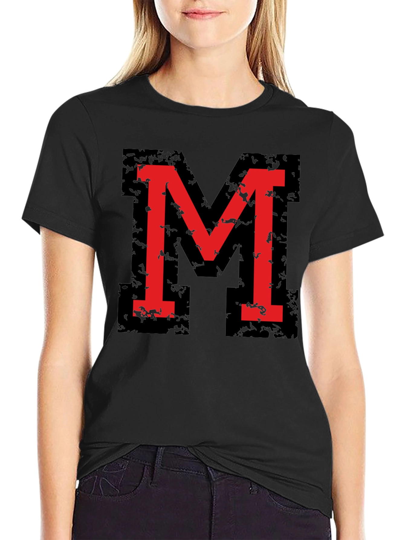 Bold Red M Graphic Black T-Shirt