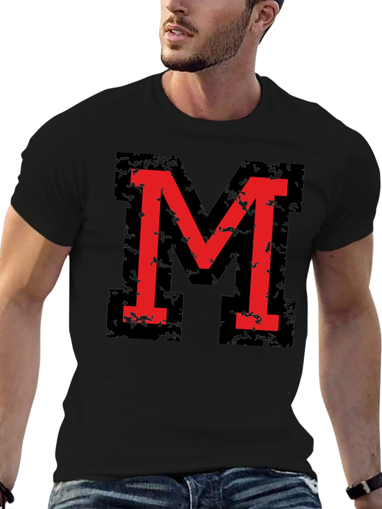 Bold Red M Graphic Black T-Shirt