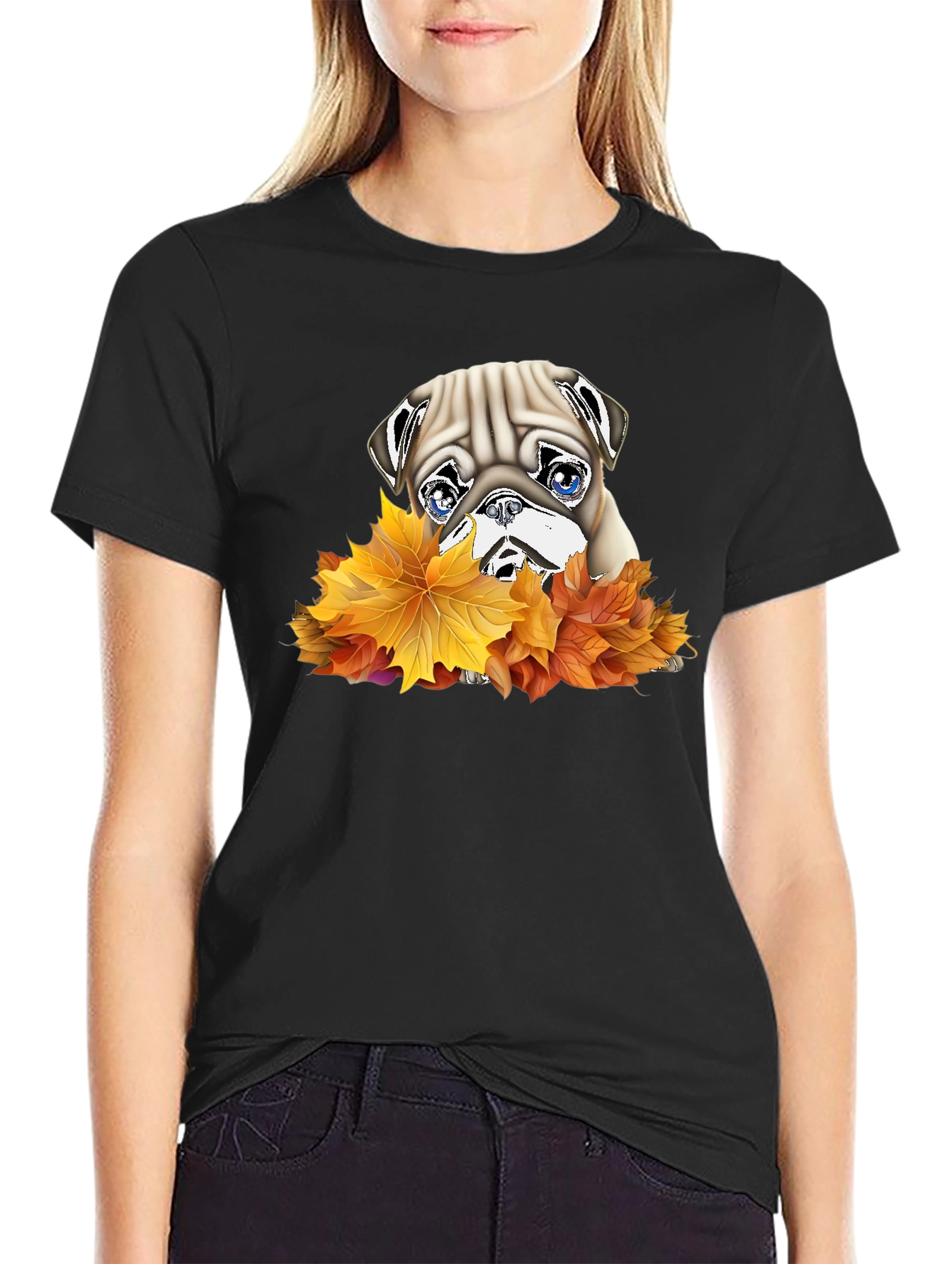 Pug in Leaves Graphic T-Shirt - Black