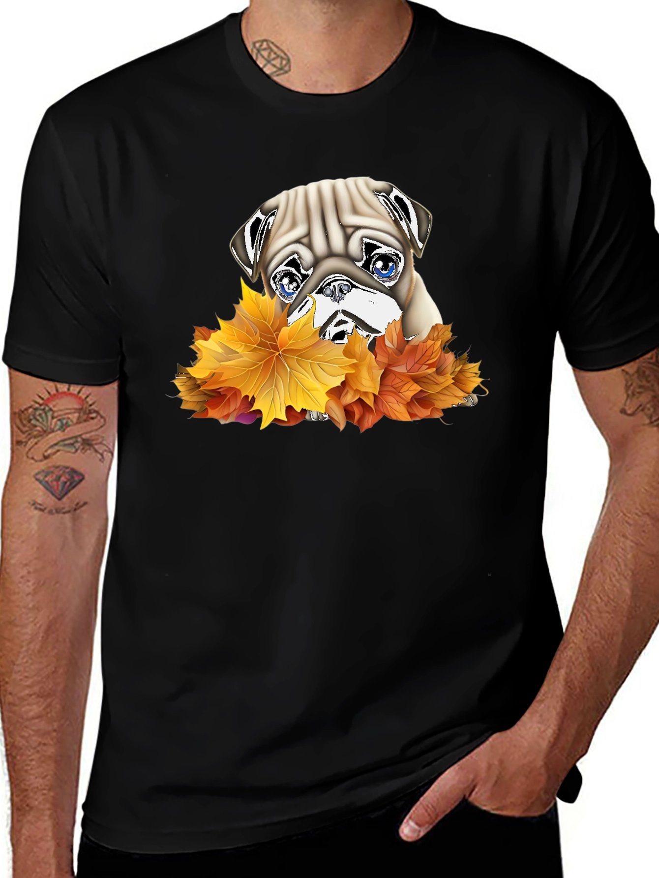 Pug in Leaves Graphic T-Shirt - Black