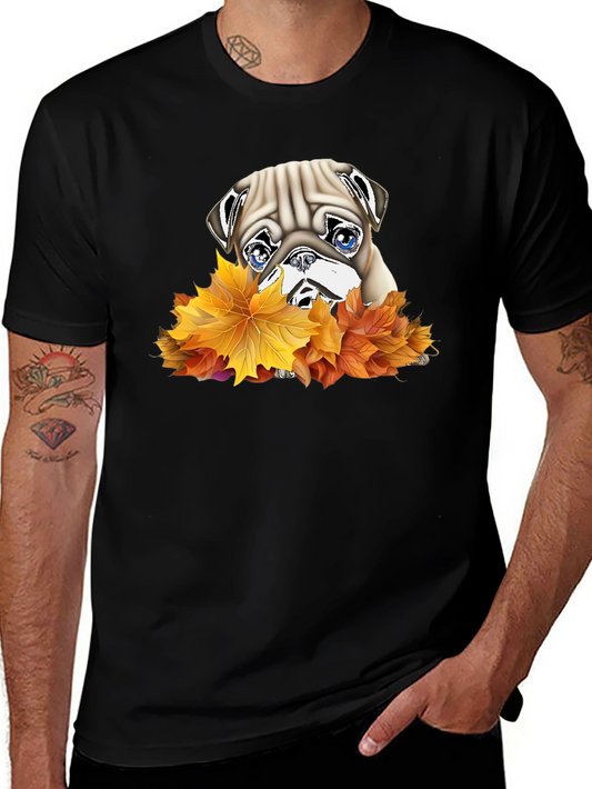 Pug in Leaves Graphic T-Shirt - Black