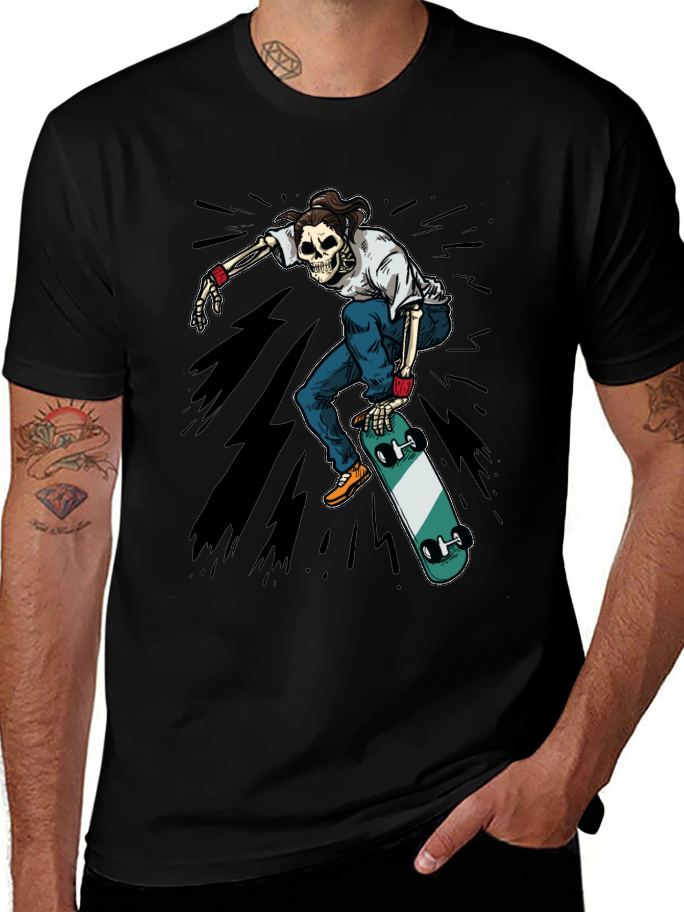 Skateboarding Skeleton Graphic Tee - Black