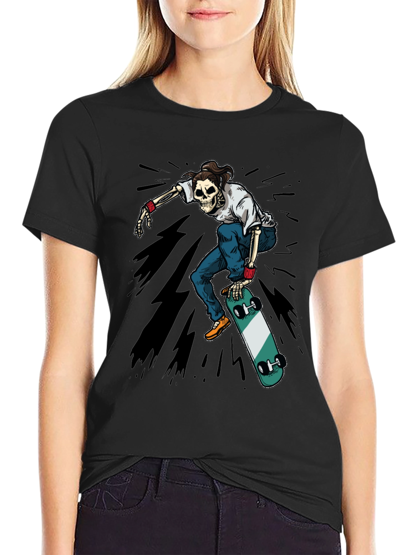 Skateboarding Skeleton Graphic Tee - Black