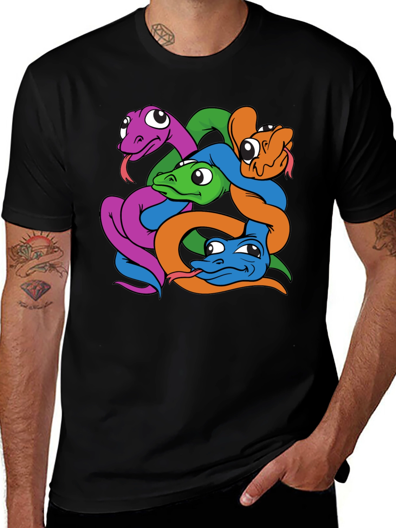 Snakes Cartoon Graphic Print Mens Black T-Shirt