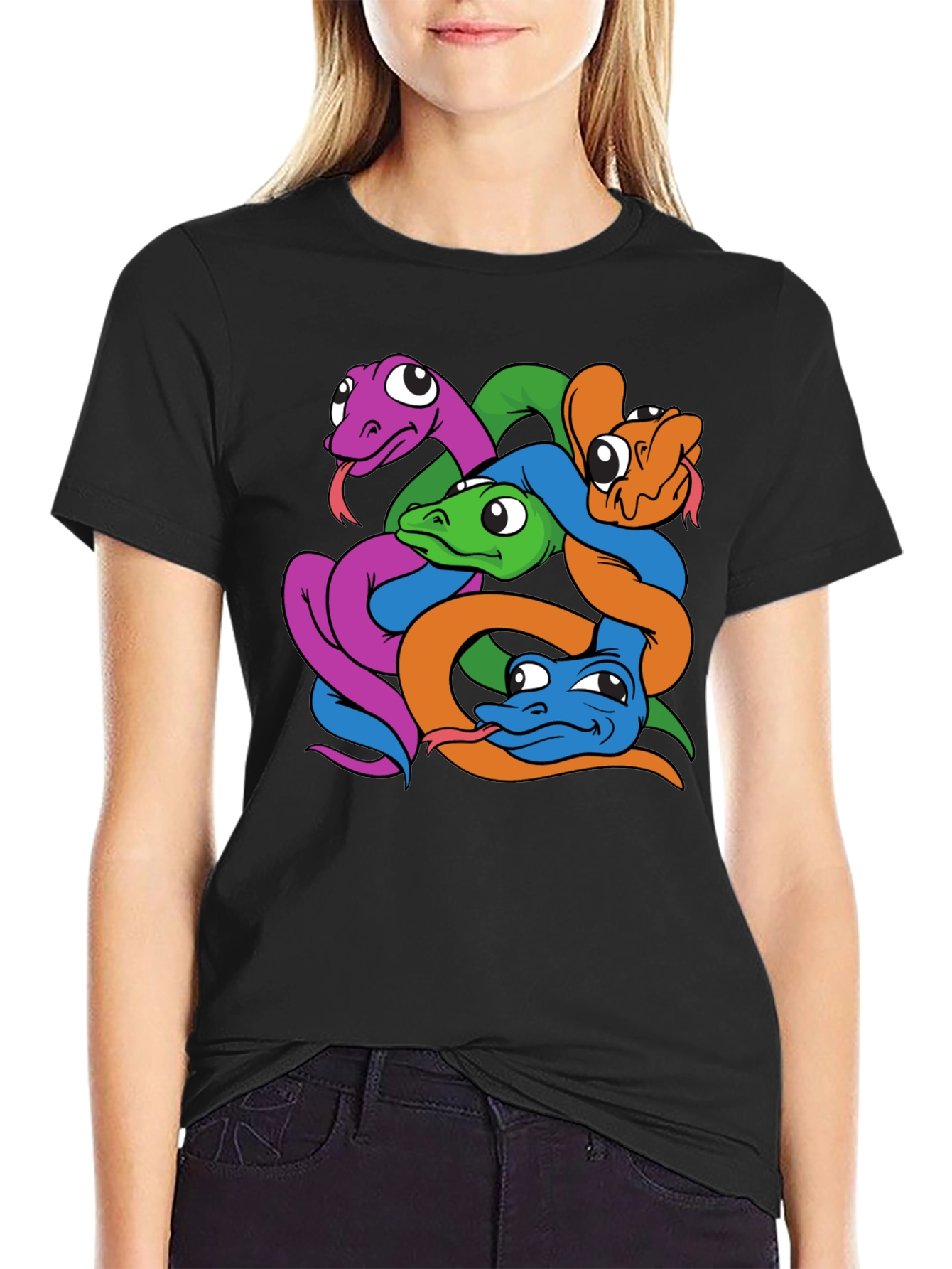 Snakes Cartoon Graphic Print Mens Black T-Shirt