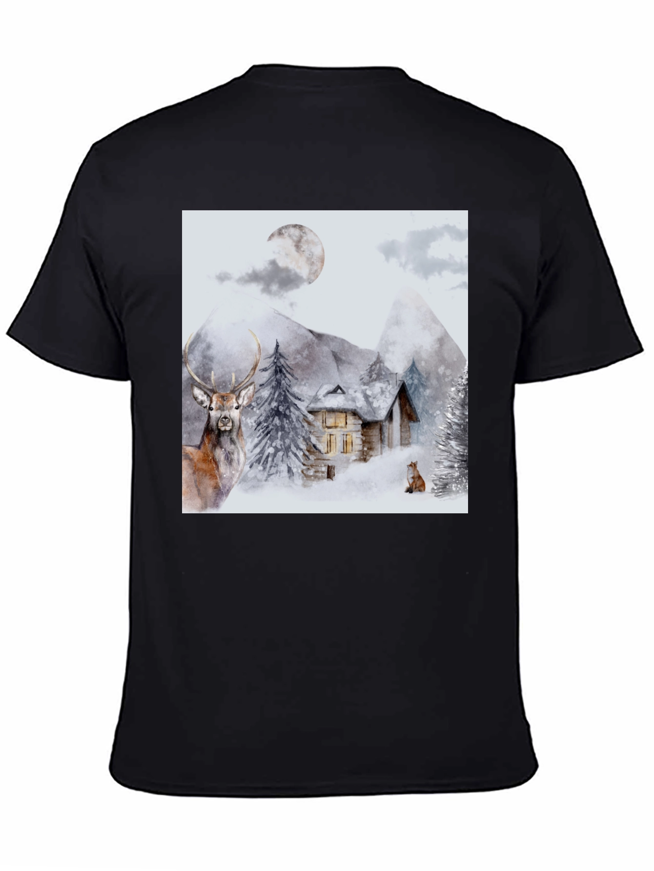 Winter Cabin Graphic Tee - Deer & Fox Design