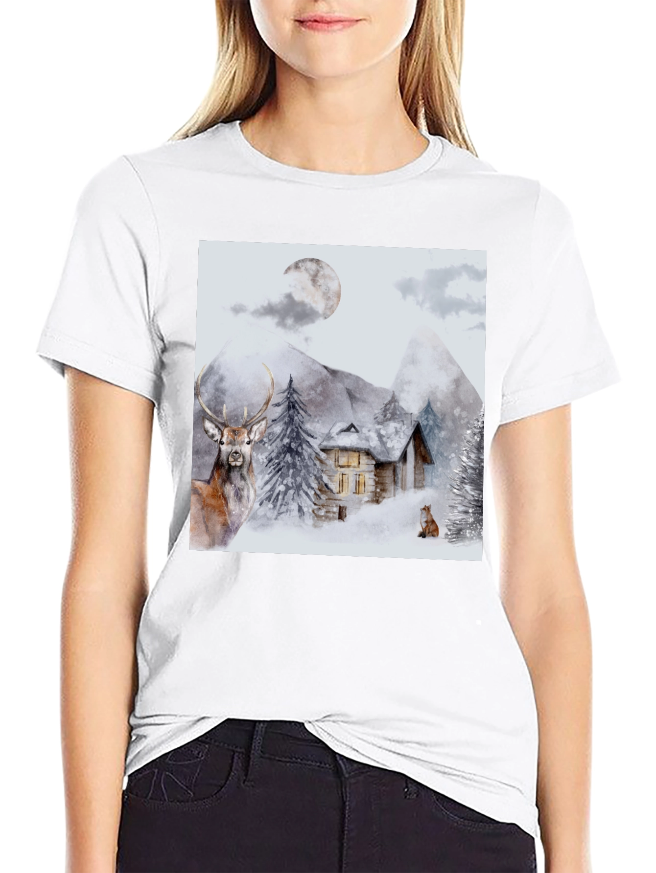 Winter Cabin Graphic Tee - Deer & Fox Design