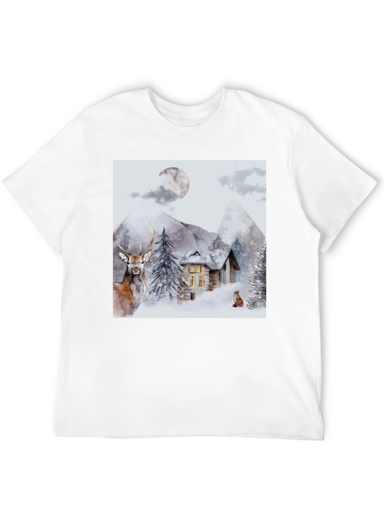 Winter Cabin Graphic Tee - Deer & Fox Design