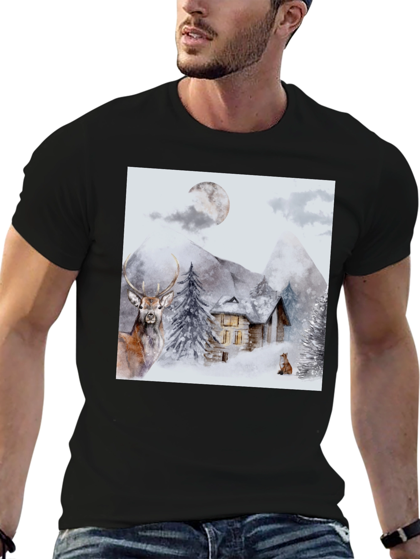 Winter Cabin Graphic Tee - Deer & Fox Design
