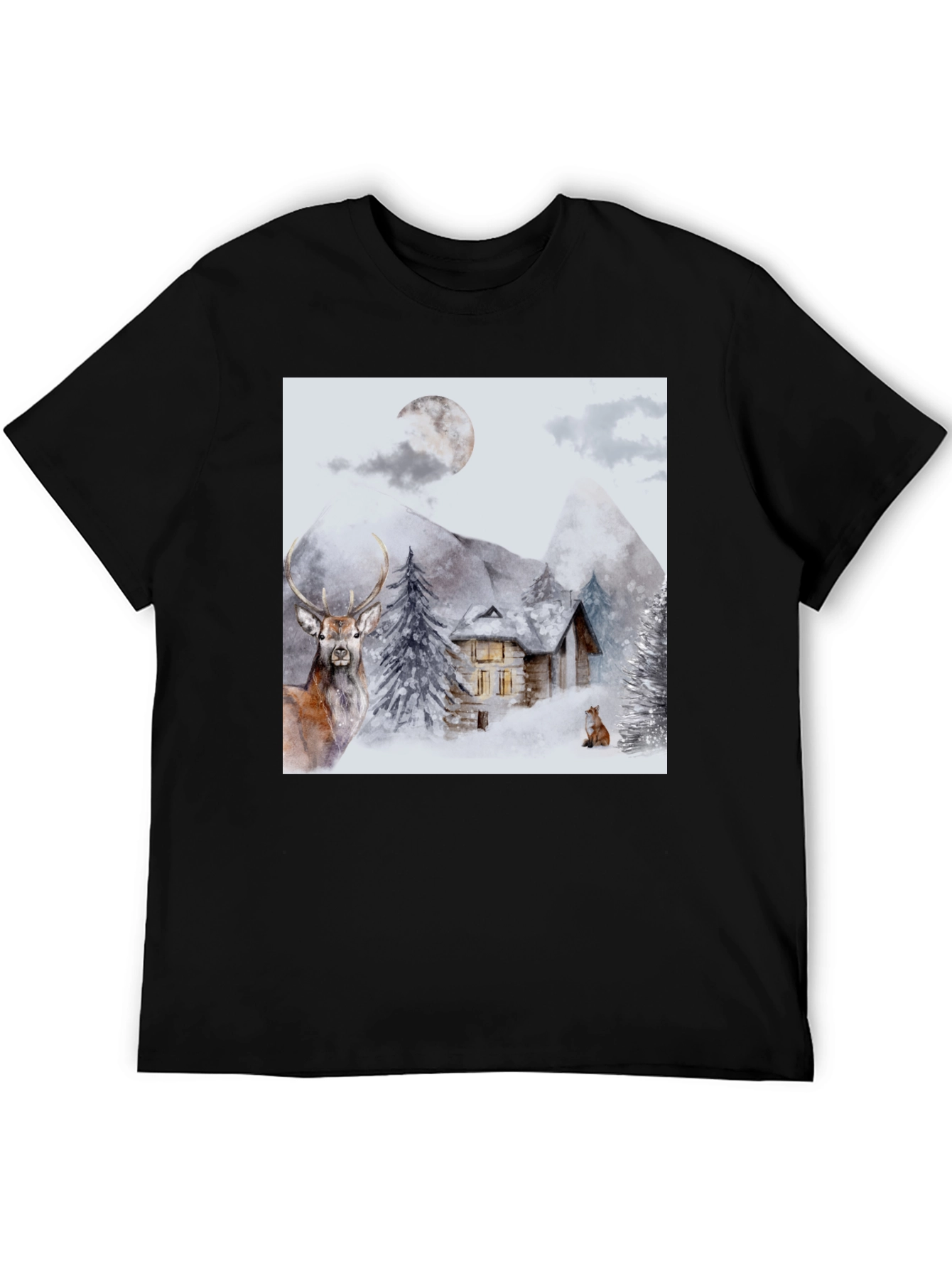 Winter Cabin Graphic Tee - Deer & Fox Design
