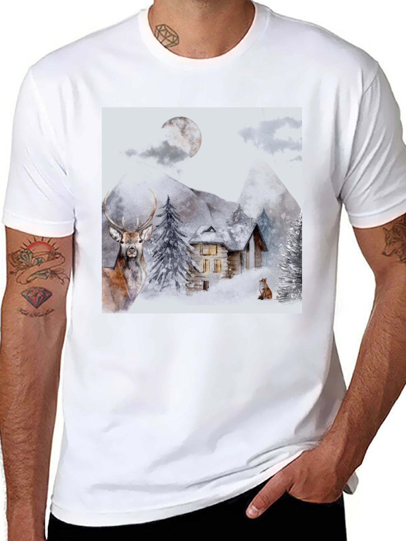 Winter Cabin Graphic Tee - Deer & Fox Design