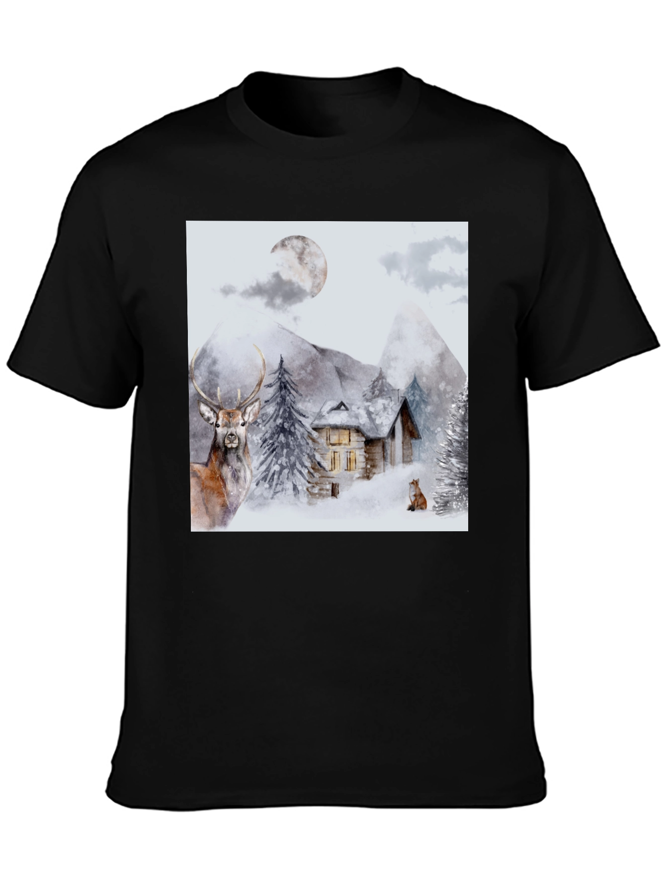 Winter Cabin Graphic Tee - Deer & Fox Design
