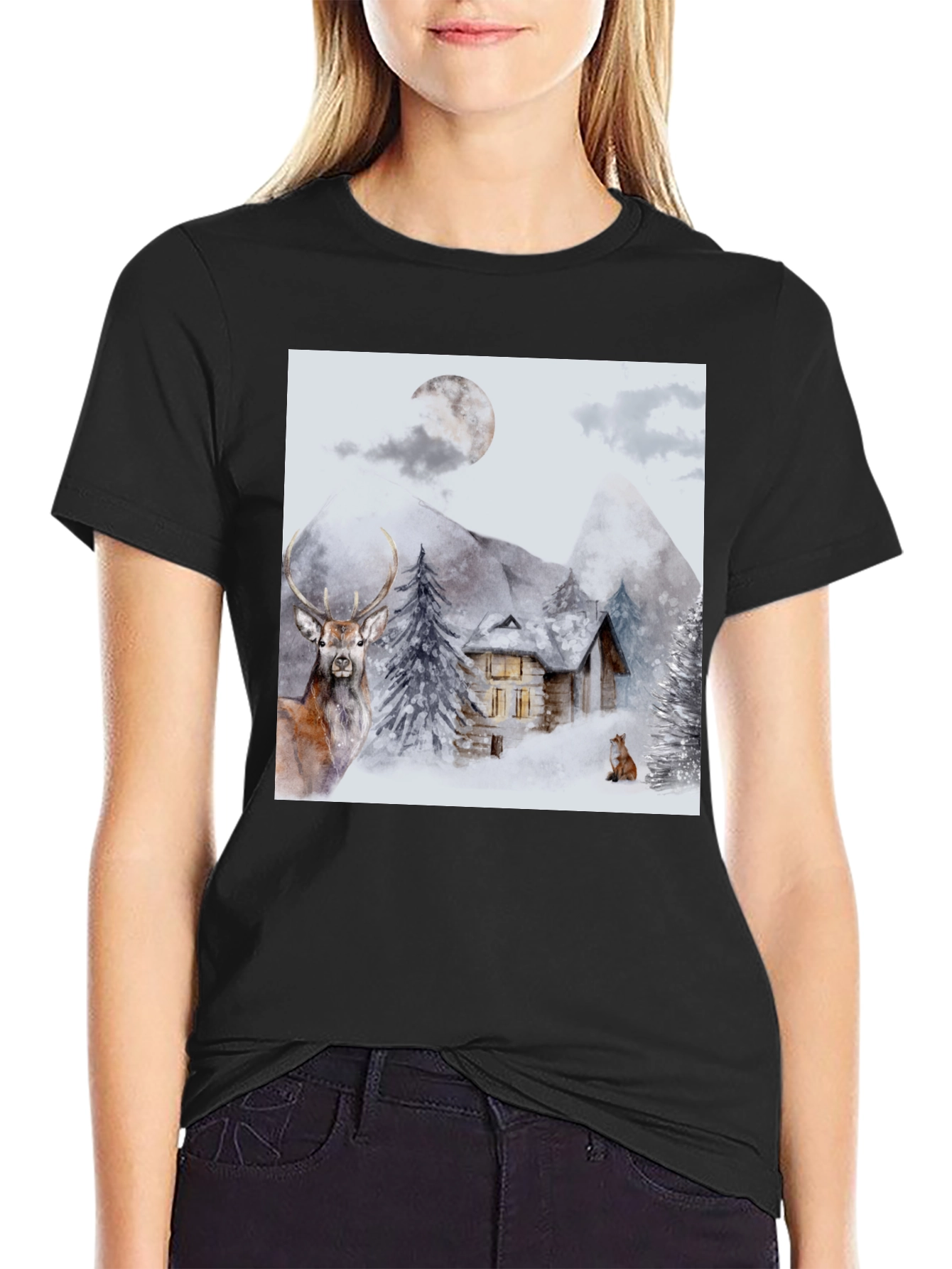 Winter Cabin Graphic Tee - Deer & Fox Design