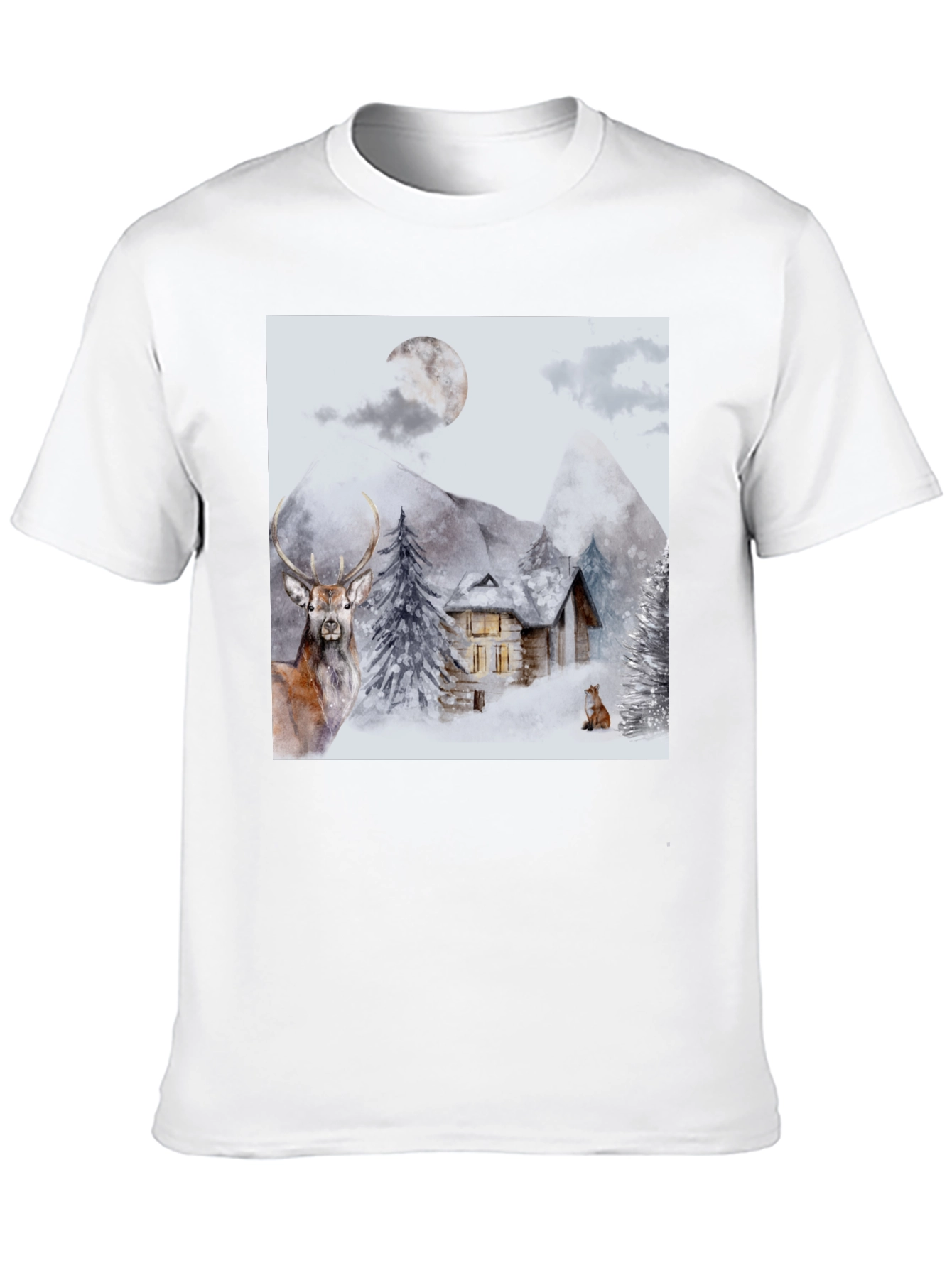 Winter Cabin Graphic Tee - Deer & Fox Design