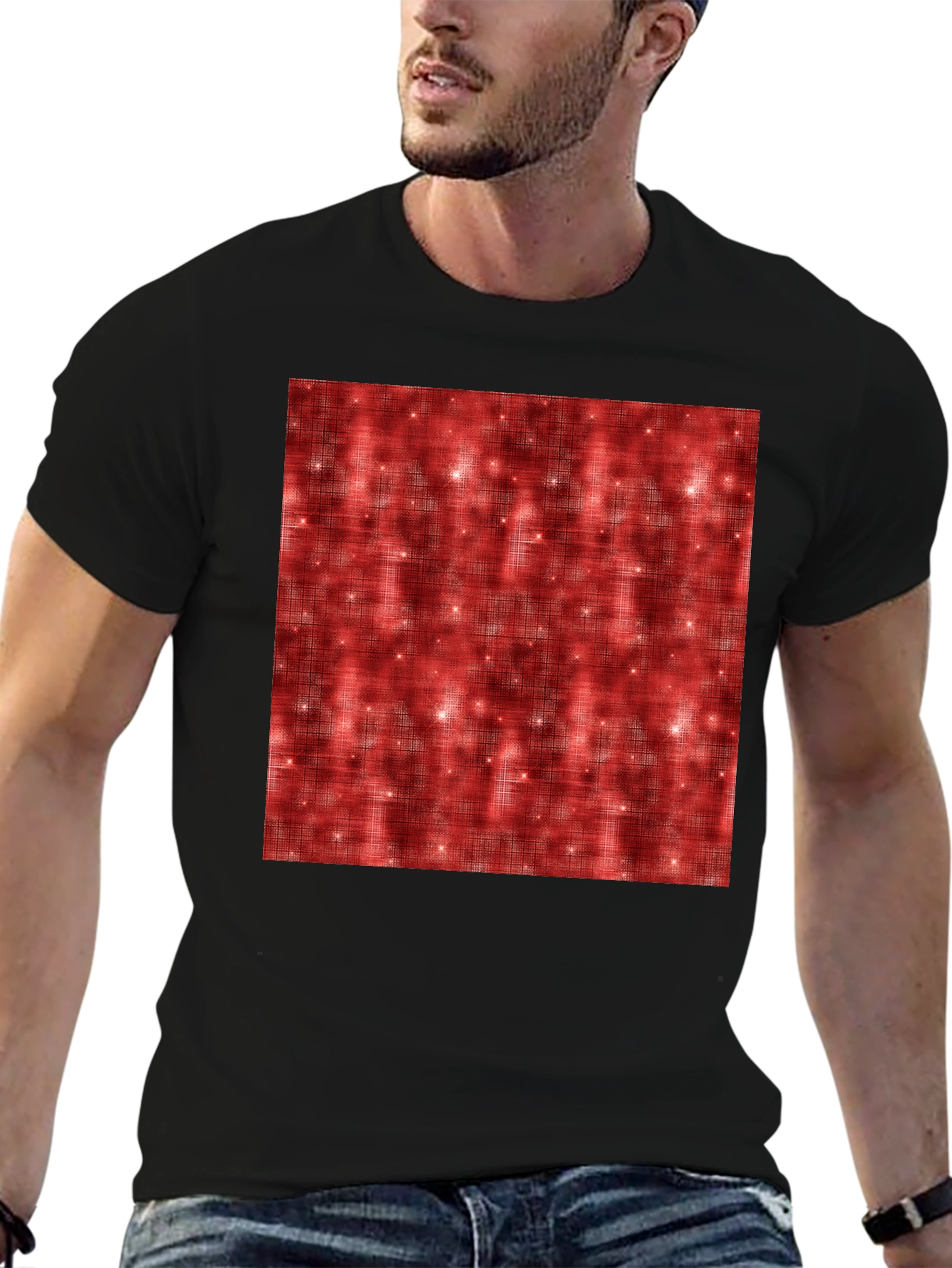 Patterned Red Sparkle Graphic Black T-Shirt