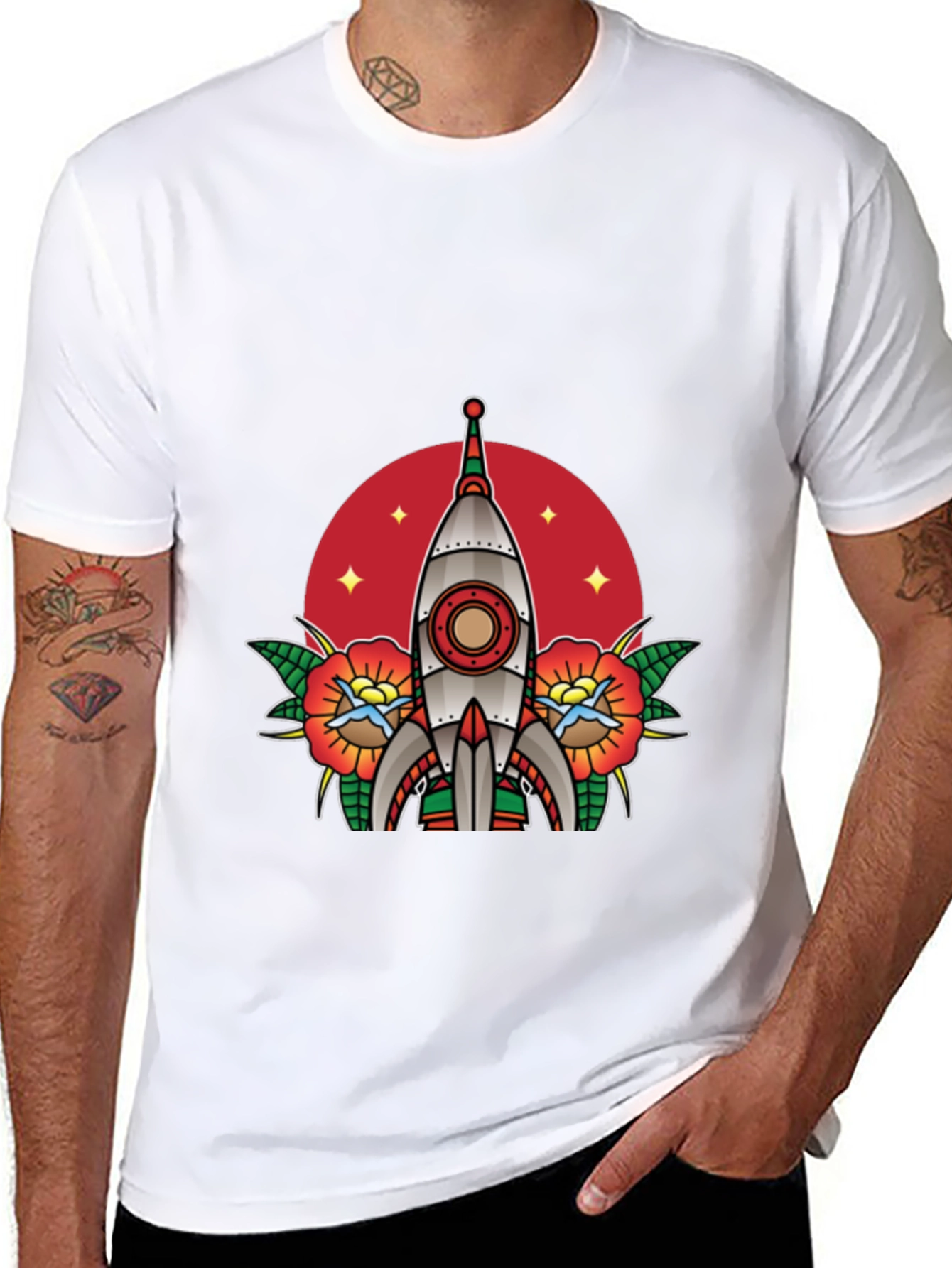 Retro Rocket Tattoo Style Graphic Tee - Black