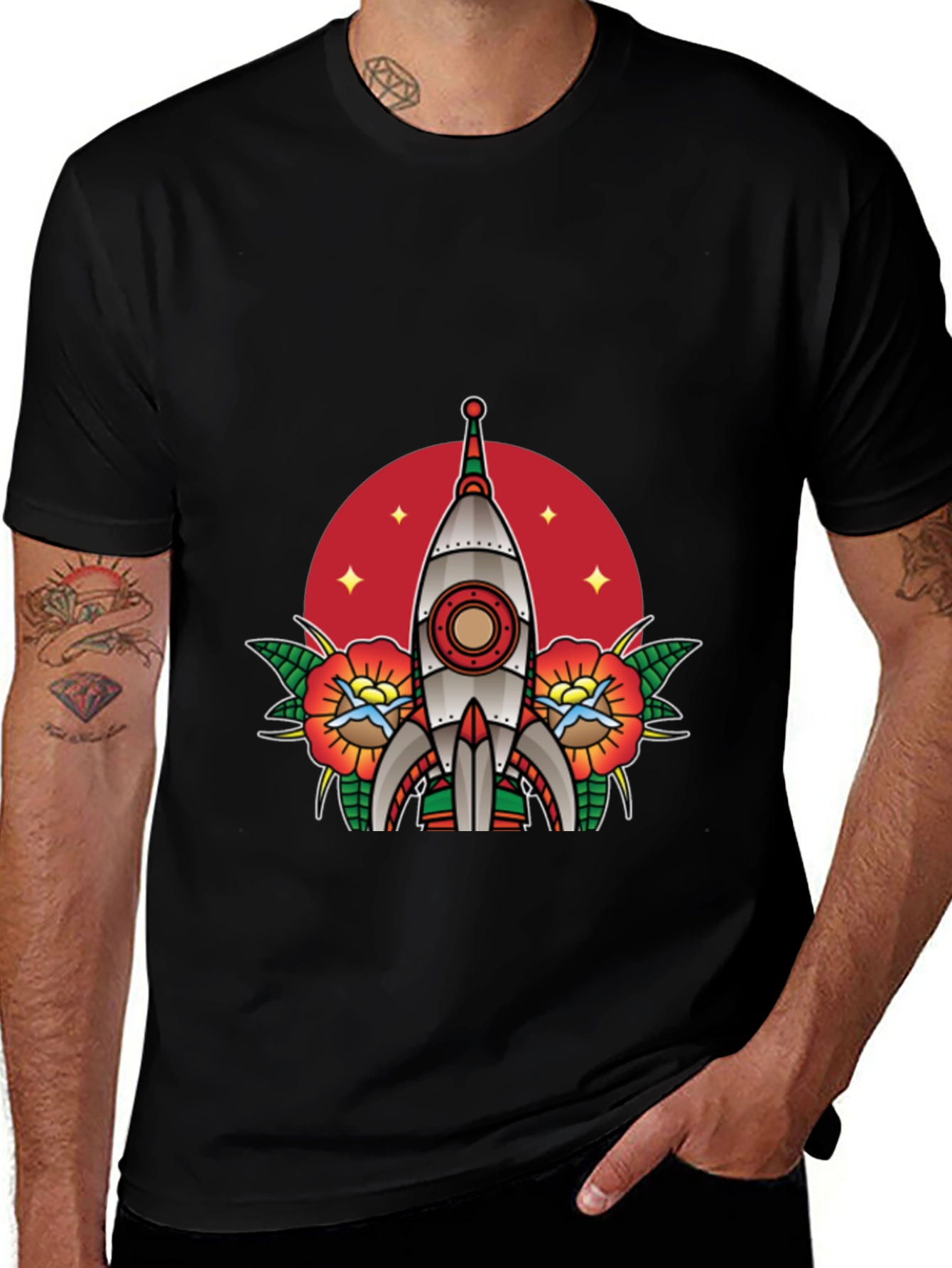 Retro Rocket Tattoo Style Graphic Tee - Black