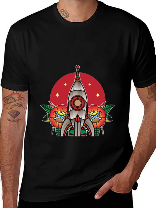 Retro Rocket Tattoo Style Graphic Tee - Black