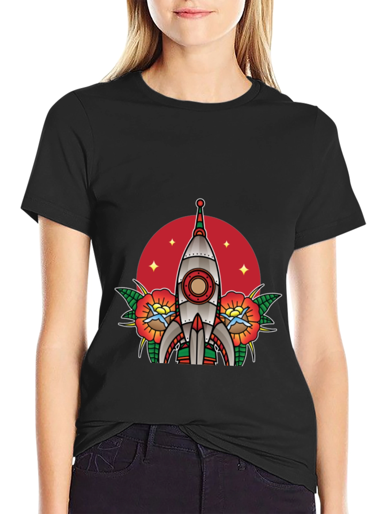 Retro Rocket Tattoo Style Graphic Tee - Black