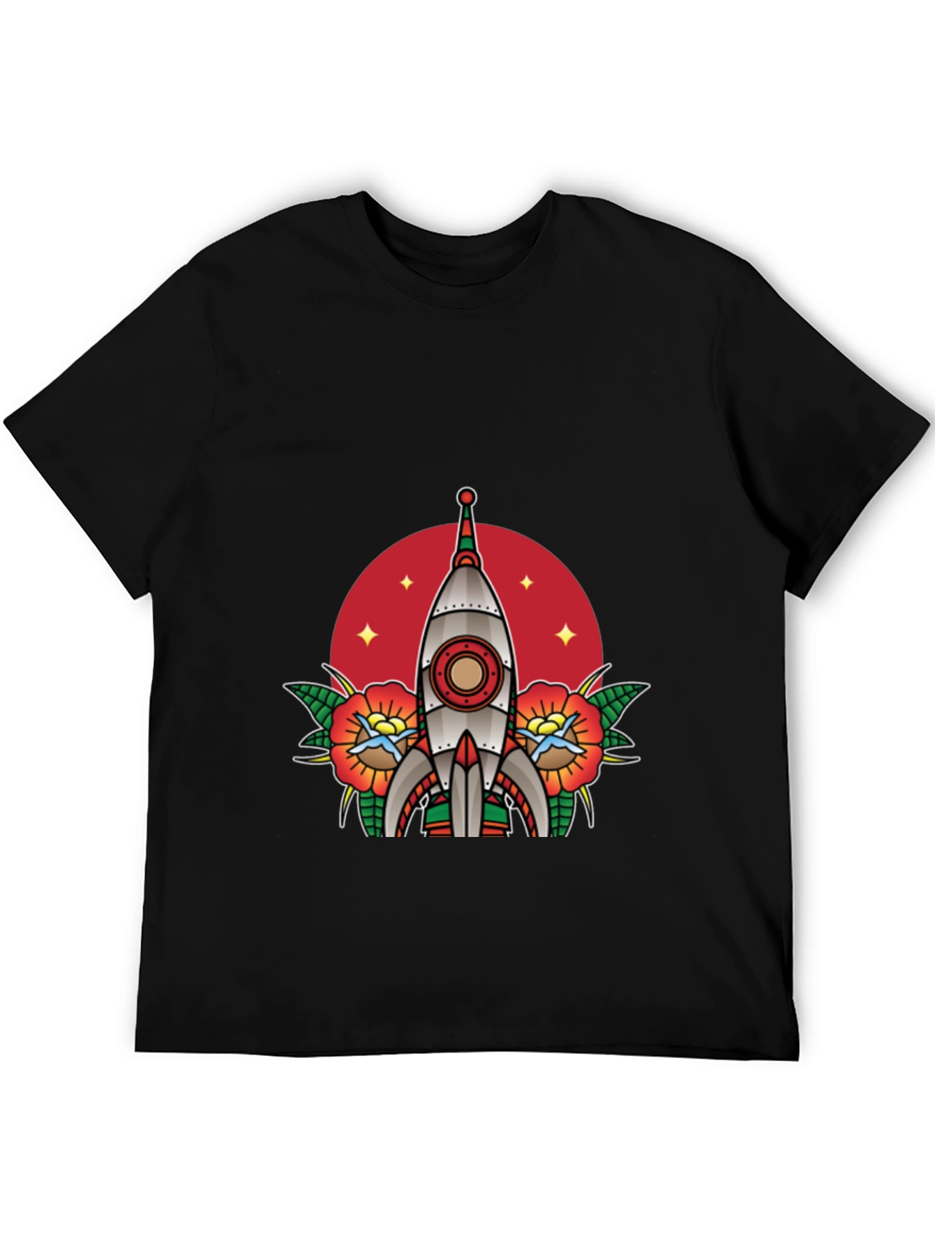 Retro Rocket Tattoo Style Graphic Tee - Black