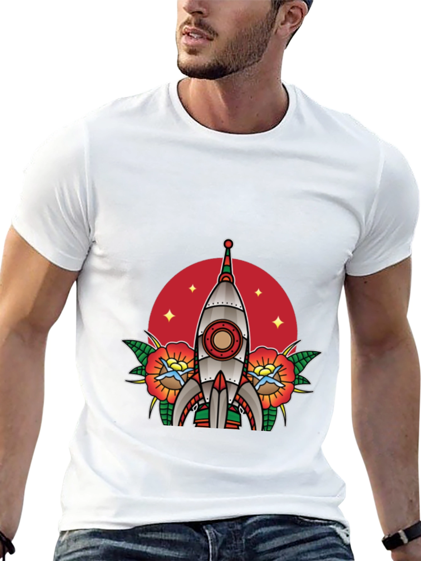 Retro Rocket Tattoo Style Graphic Tee - Black