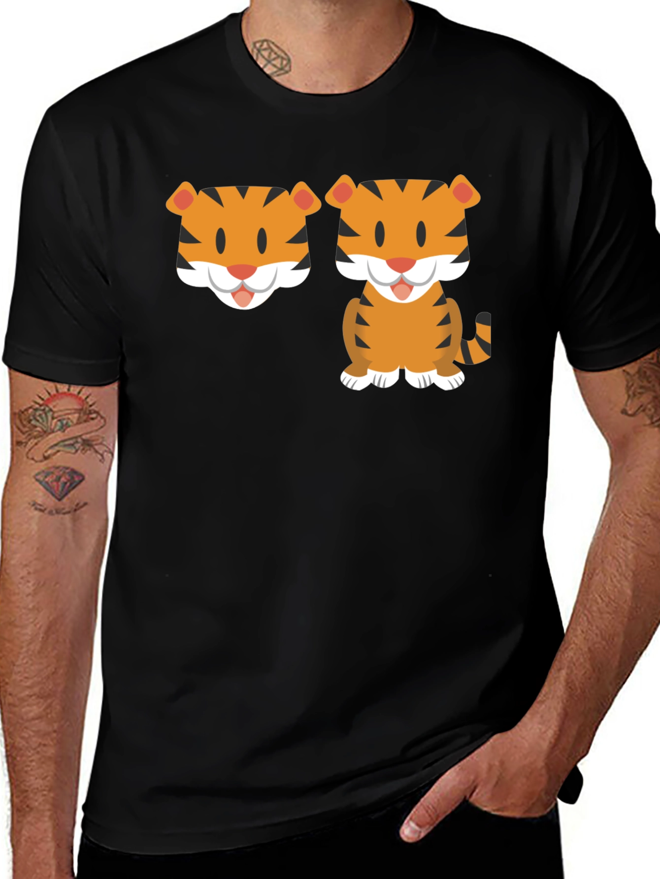 Cute Cartoon Tiger Graphic Tee - Black