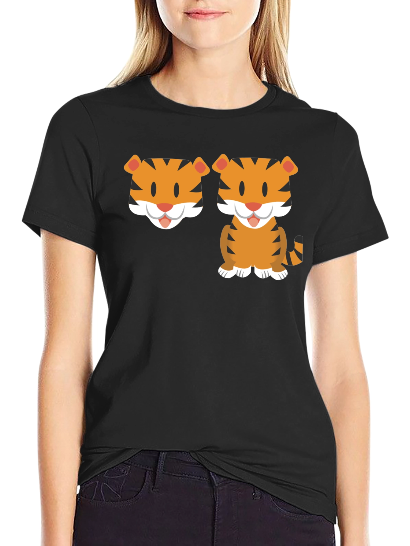 Cute Cartoon Tiger Graphic Tee - Black