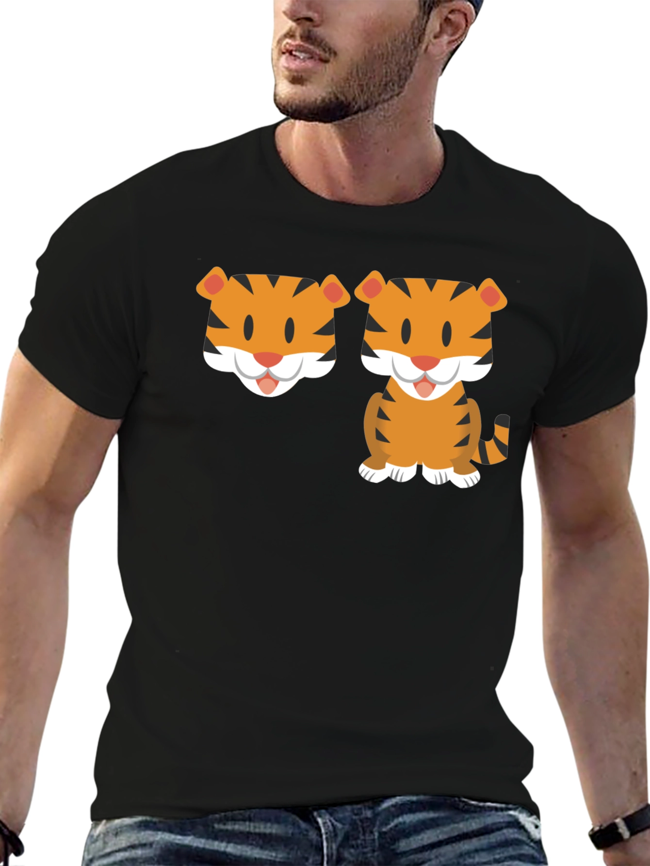 Cute Cartoon Tiger Graphic Tee - Black