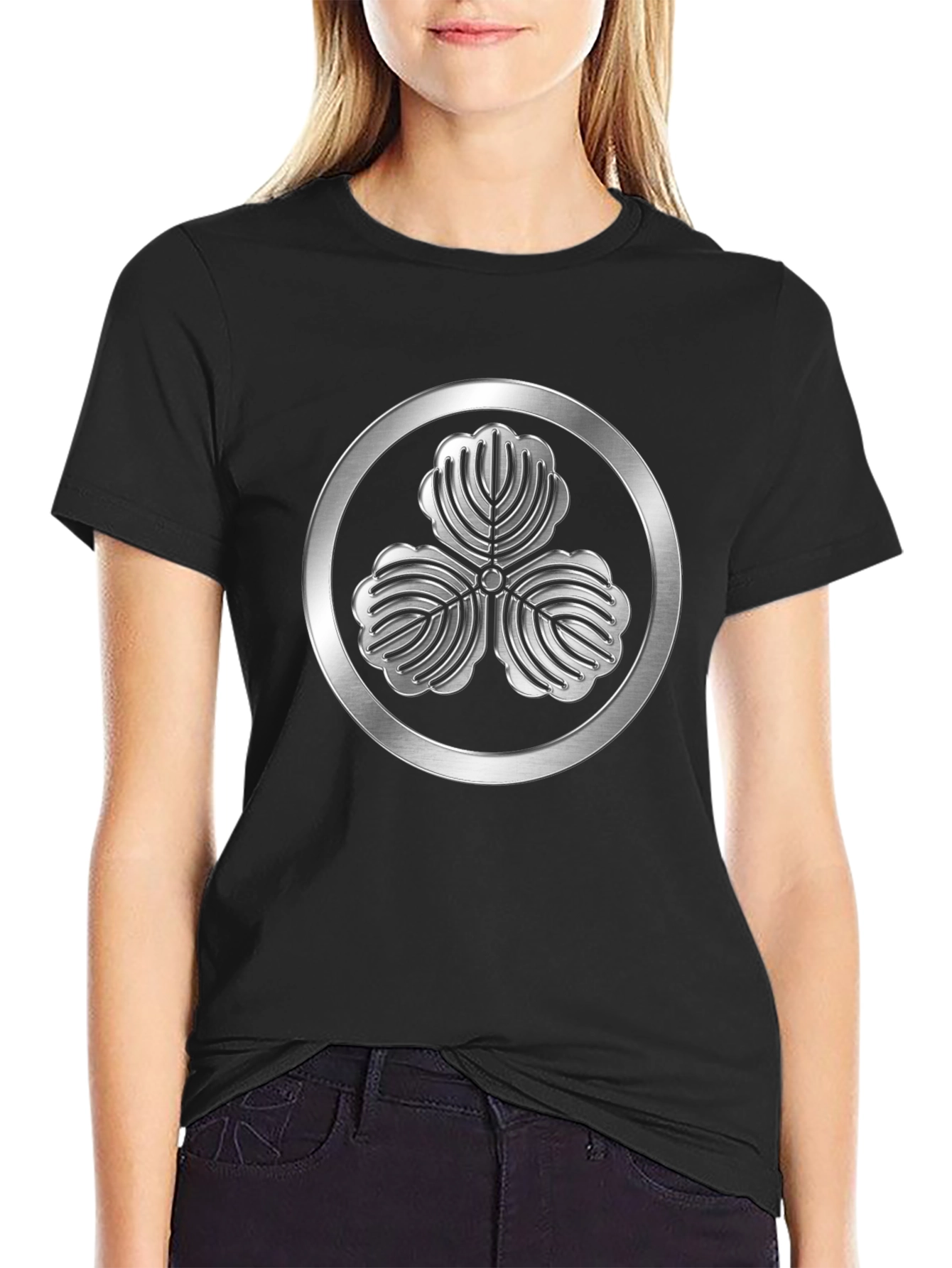 Black T-Shirt with 3-Leaf Kamon Design