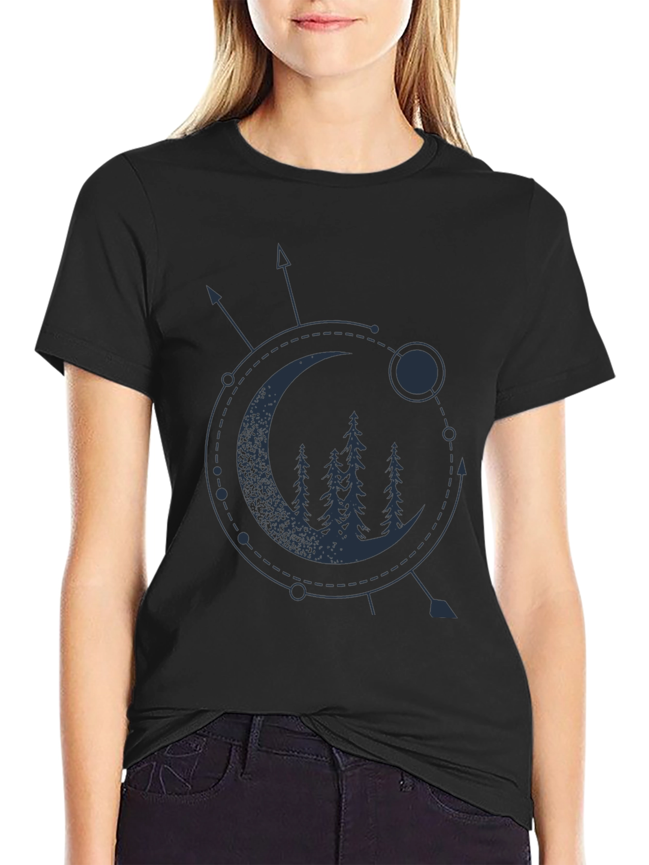 Geometric Moon & Trees Graphic Tee - Black