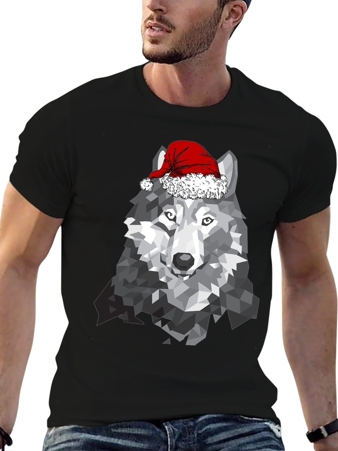 Geometric Wolf Santa Hat T-Shirt